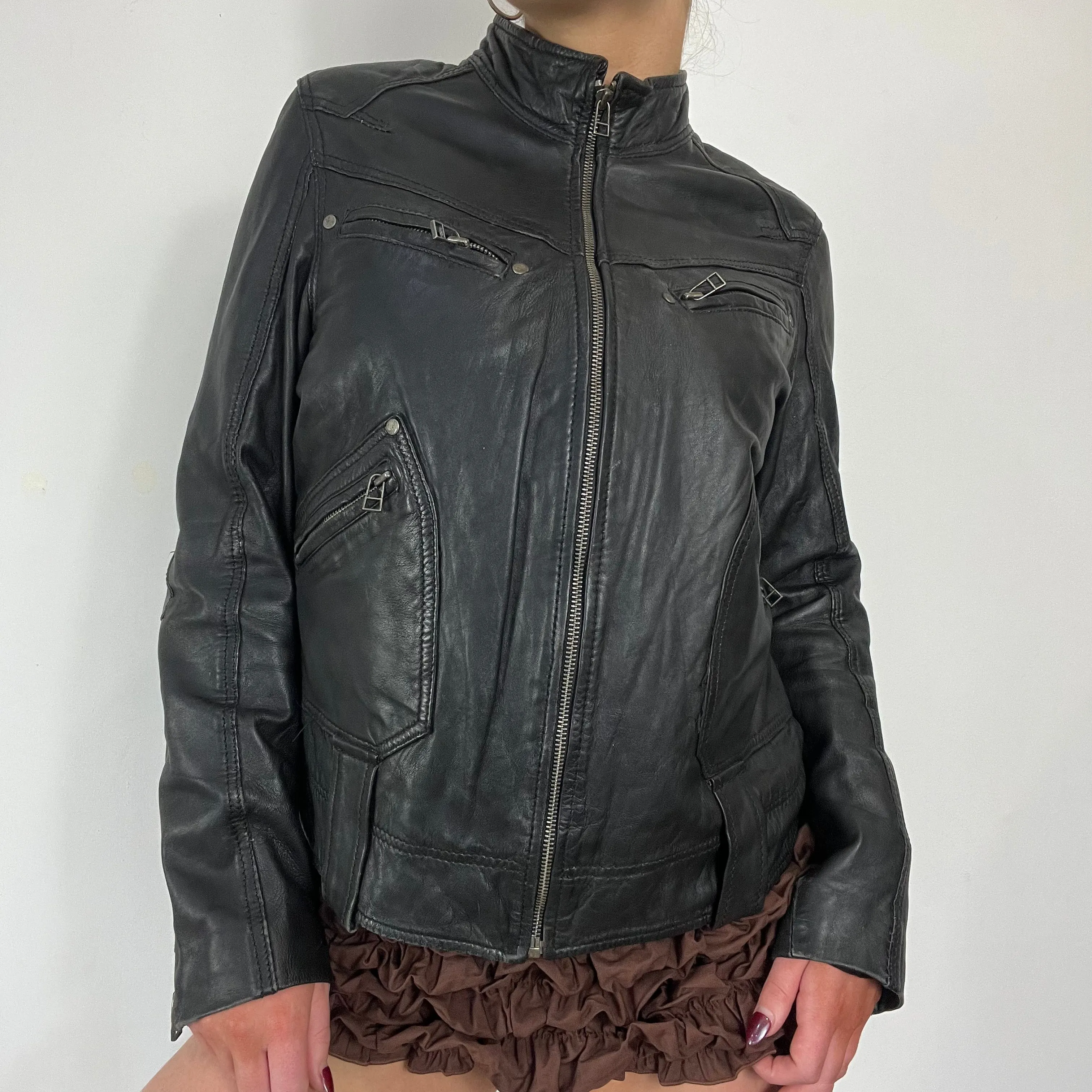 90s leather moto zipper jacket - Size M