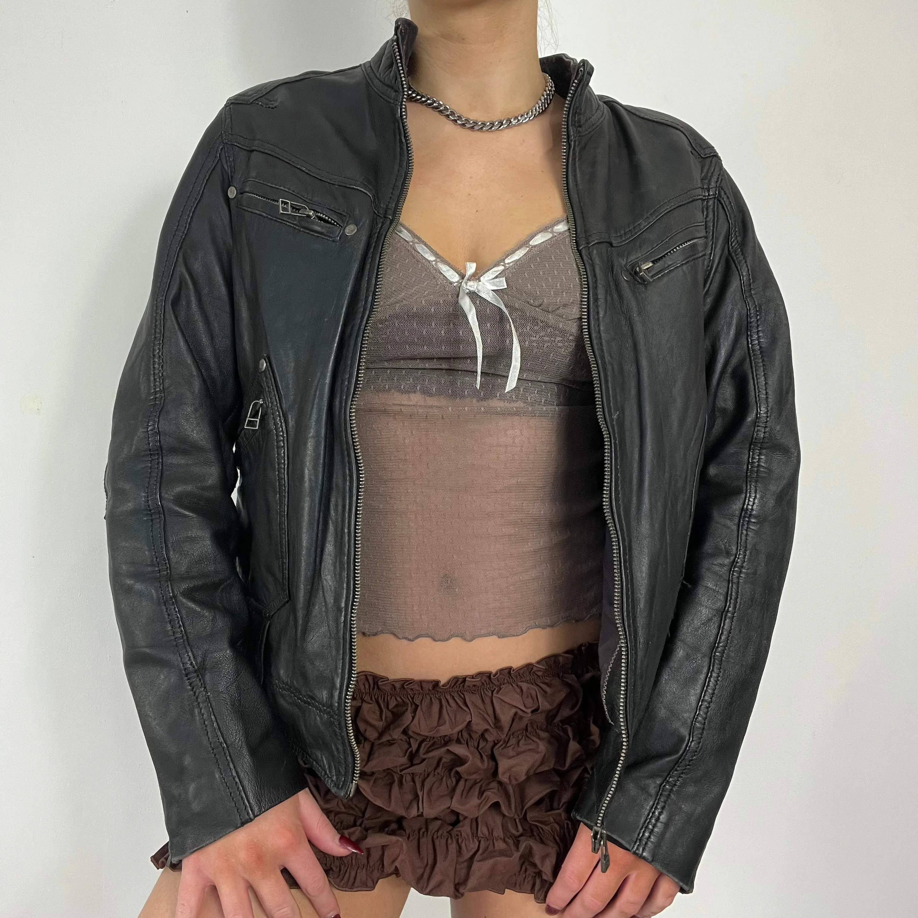 90s leather moto zipper jacket - Size M