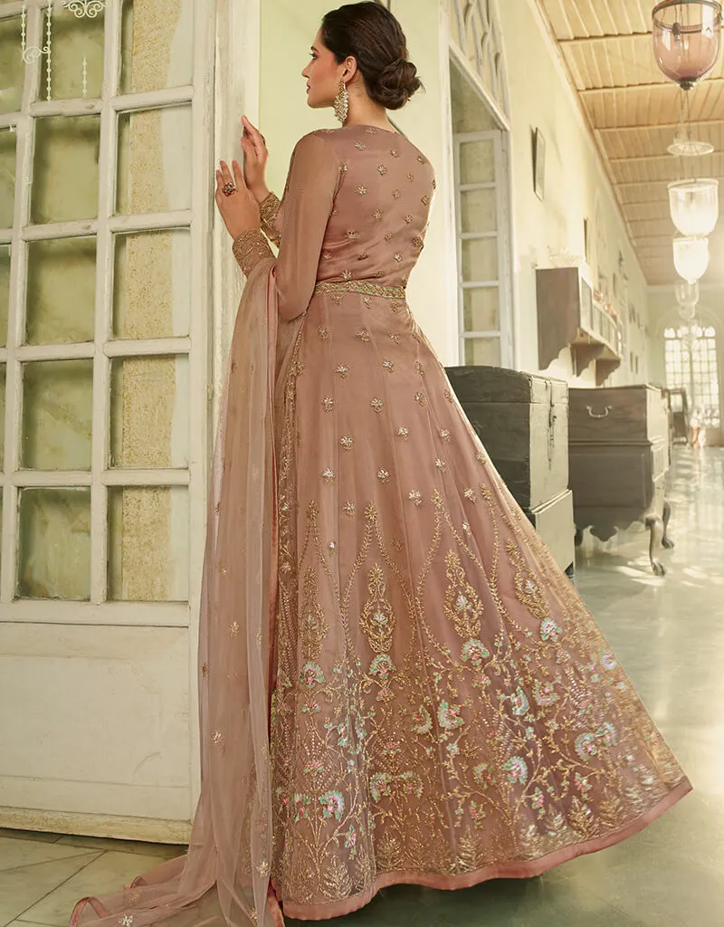 Beige Anarkali style Gown Semi-Stitched Suits