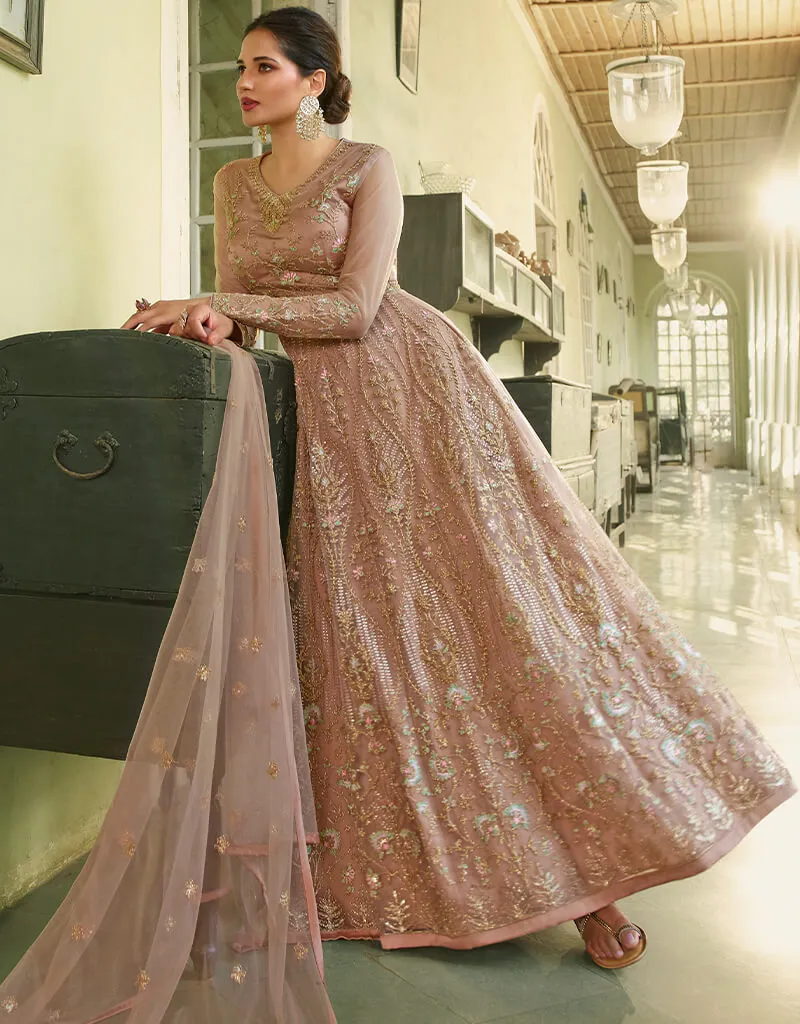 Beige Anarkali style Gown Semi-Stitched Suits