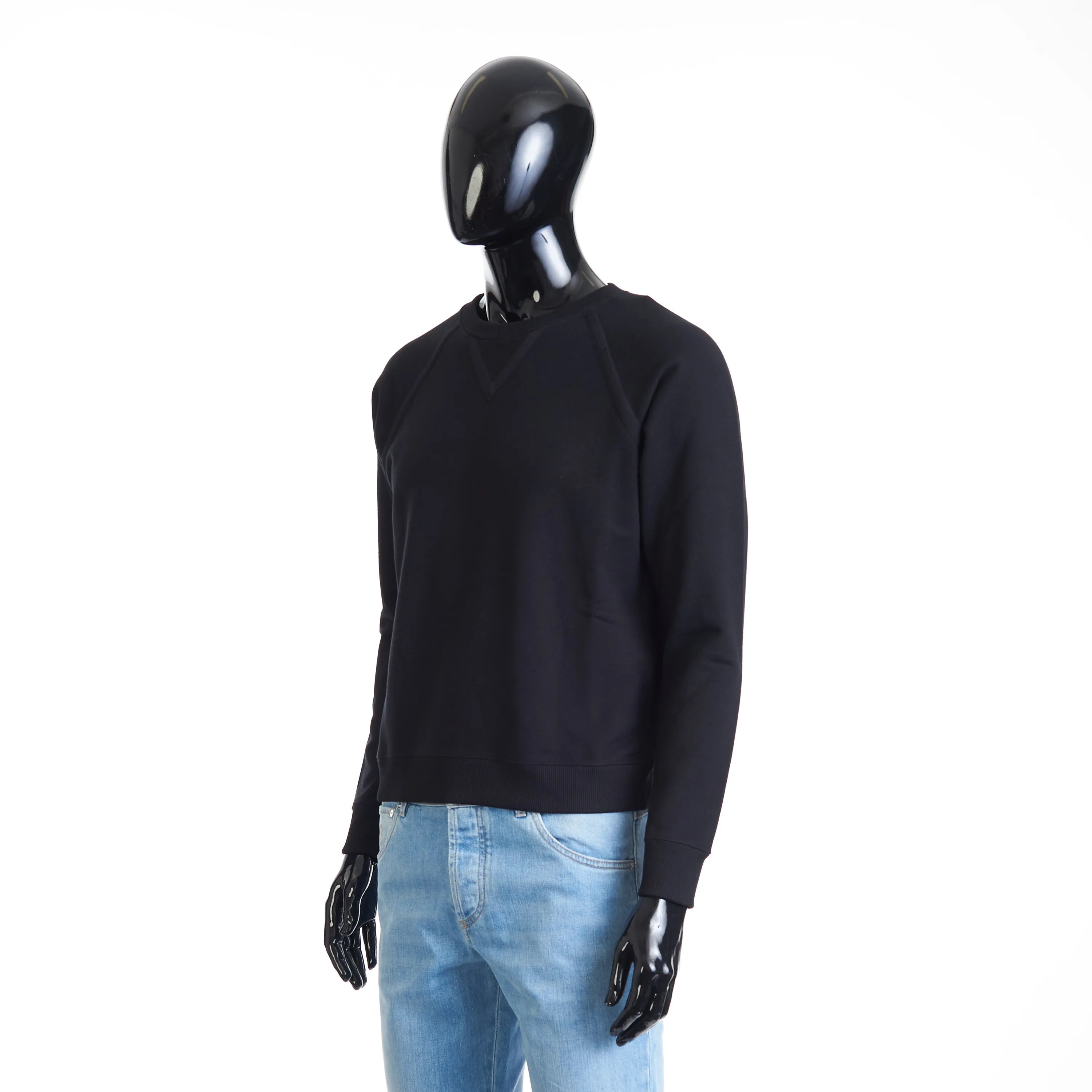 Black Crewneck Raglan-Sleeve Sweatshirt - Cotton, Grosgrain Detail