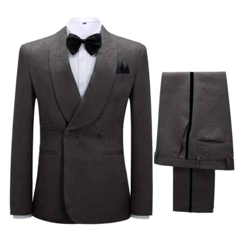 Black Floarl Jacquard Double Breasted Wedding Suits TwoPiece Tuxedos with Shawl Lapel