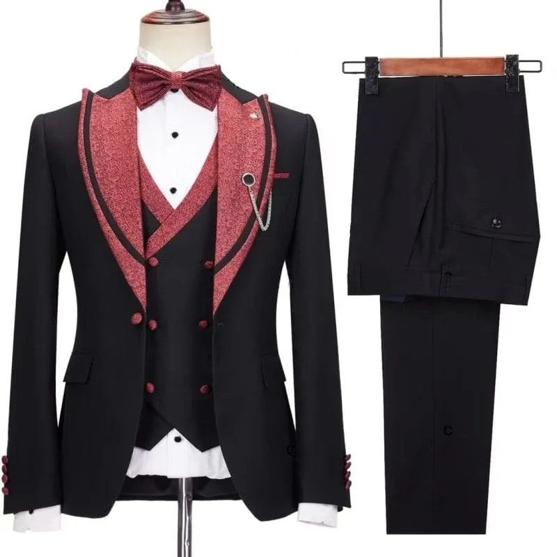 Black Glitter Peaked Lapel Three Pieces Wedding Suits Slim Fit Business Suit Wedding Groom Prom Tuxedo
