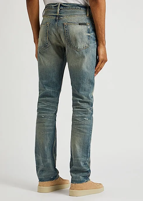 Blue distressed straight-leg jeans