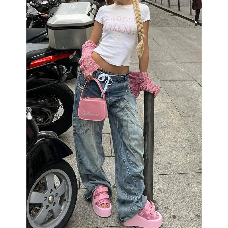 Blue High Waist Vintage Straight Baggy Casual Streetwear American Fashion Jeans