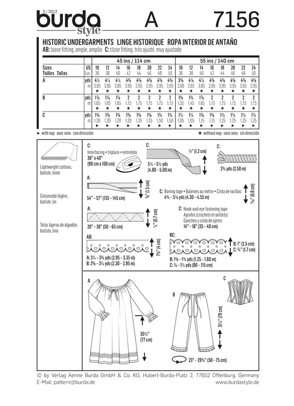 Burda 7156 Womens' Medieval Undergarments Pattern