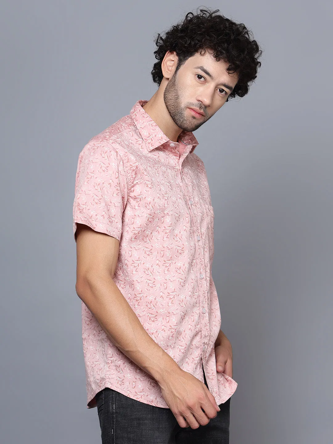 Cantabil Cotton Blend Printed Pink Half Sleeve Casual Shirt for Men with Pocket