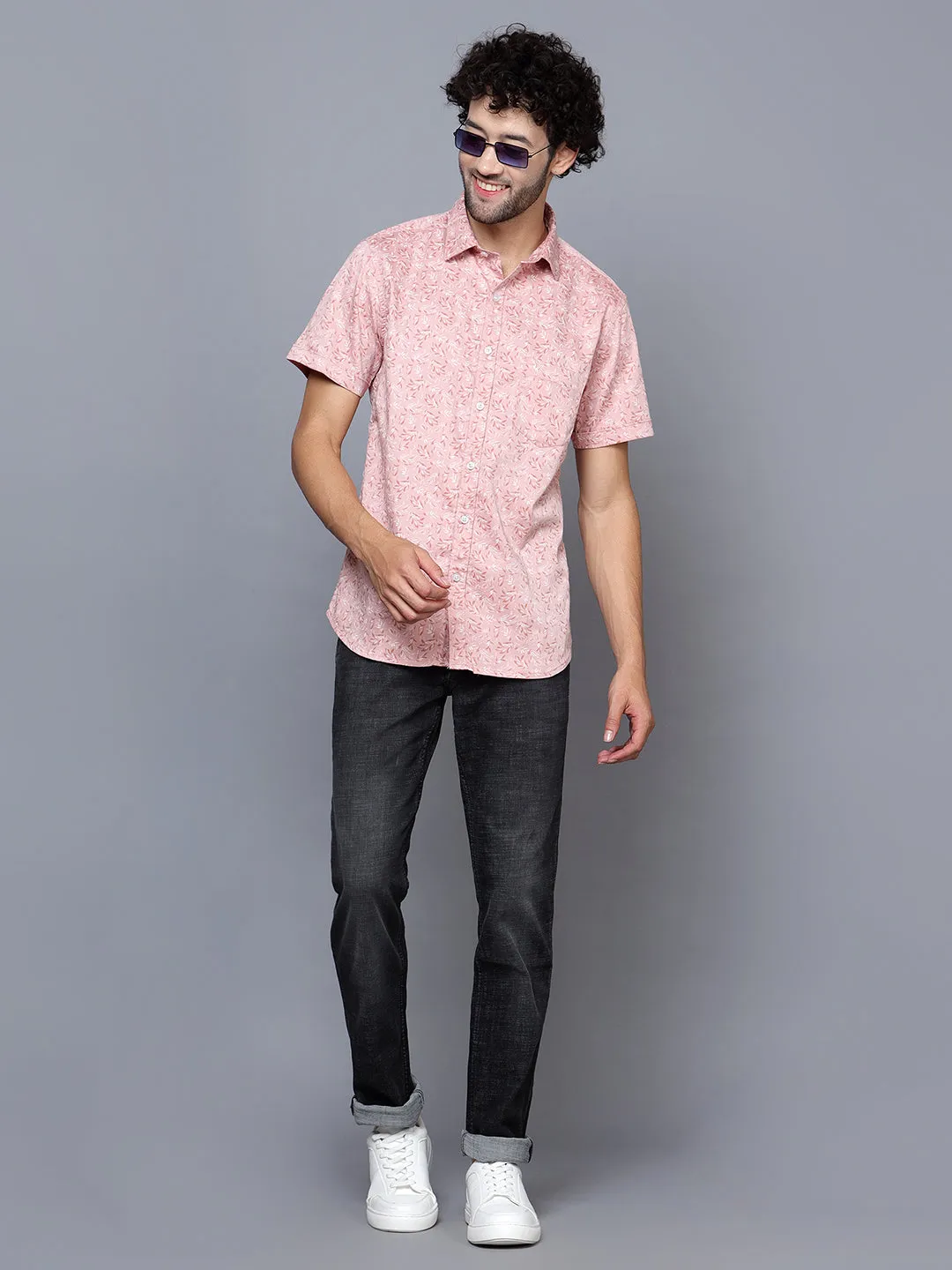 Cantabil Cotton Blend Printed Pink Half Sleeve Casual Shirt for Men with Pocket