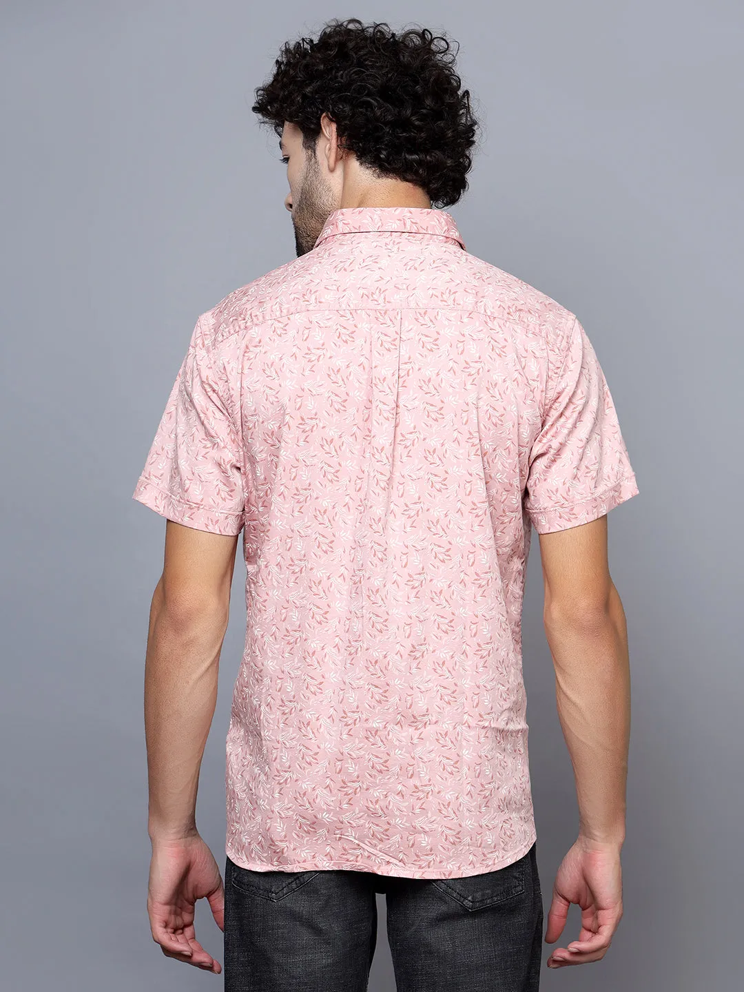 Cantabil Cotton Blend Printed Pink Half Sleeve Casual Shirt for Men with Pocket