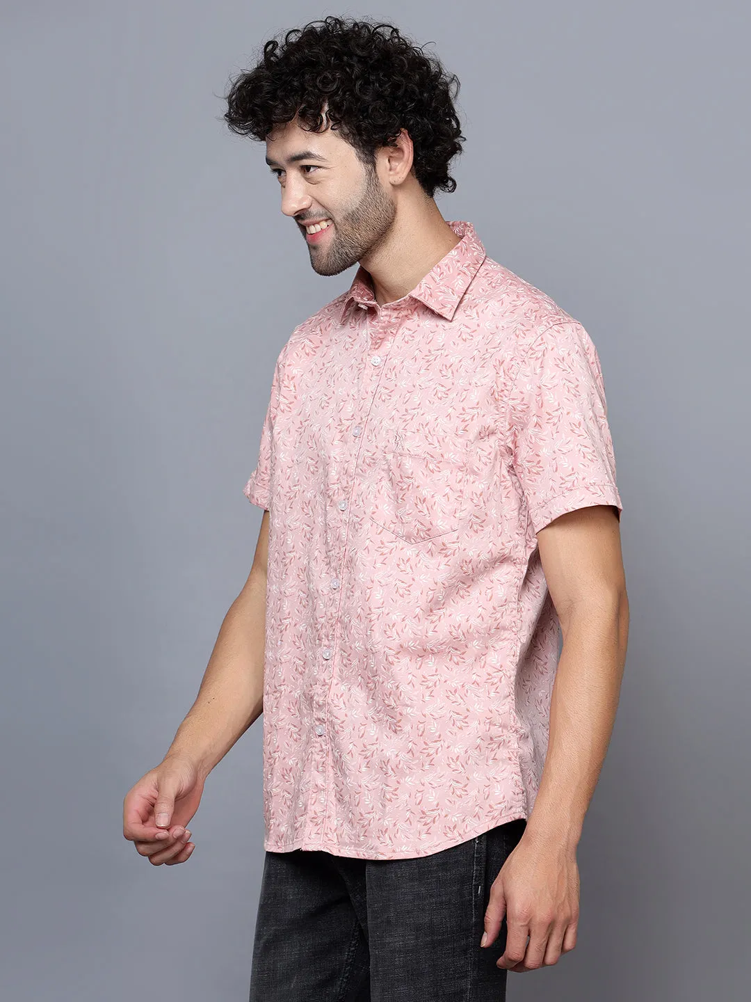 Cantabil Cotton Blend Printed Pink Half Sleeve Casual Shirt for Men with Pocket
