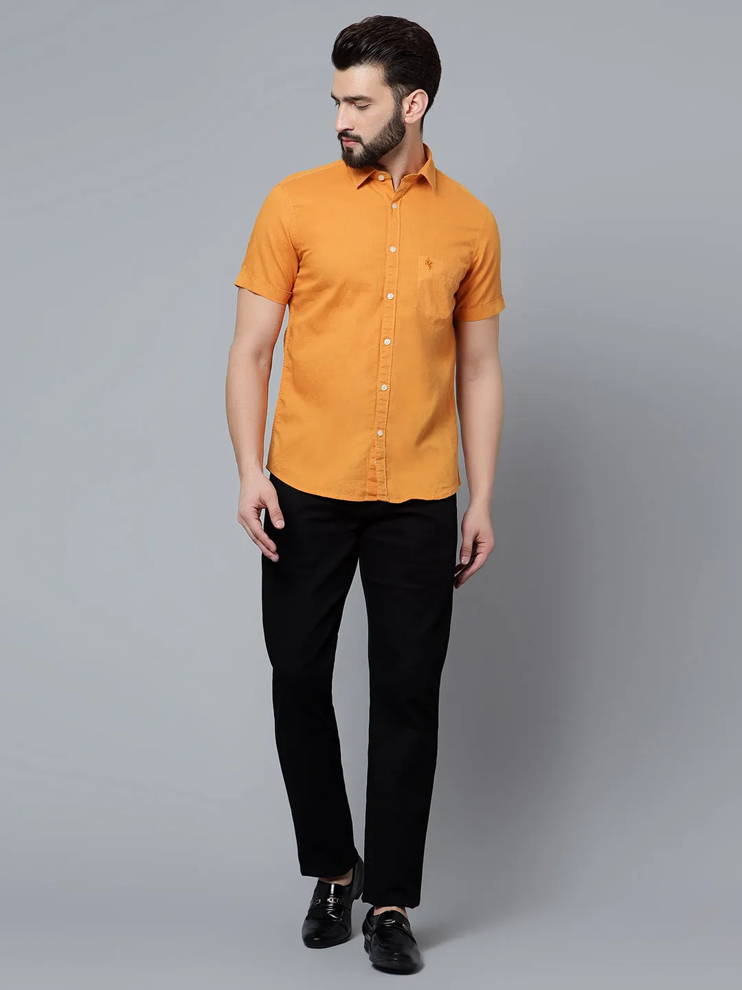 Cantabil Cotton Blend Solid Mustard Half Sleeve Casual Shirt for Men with Pocket