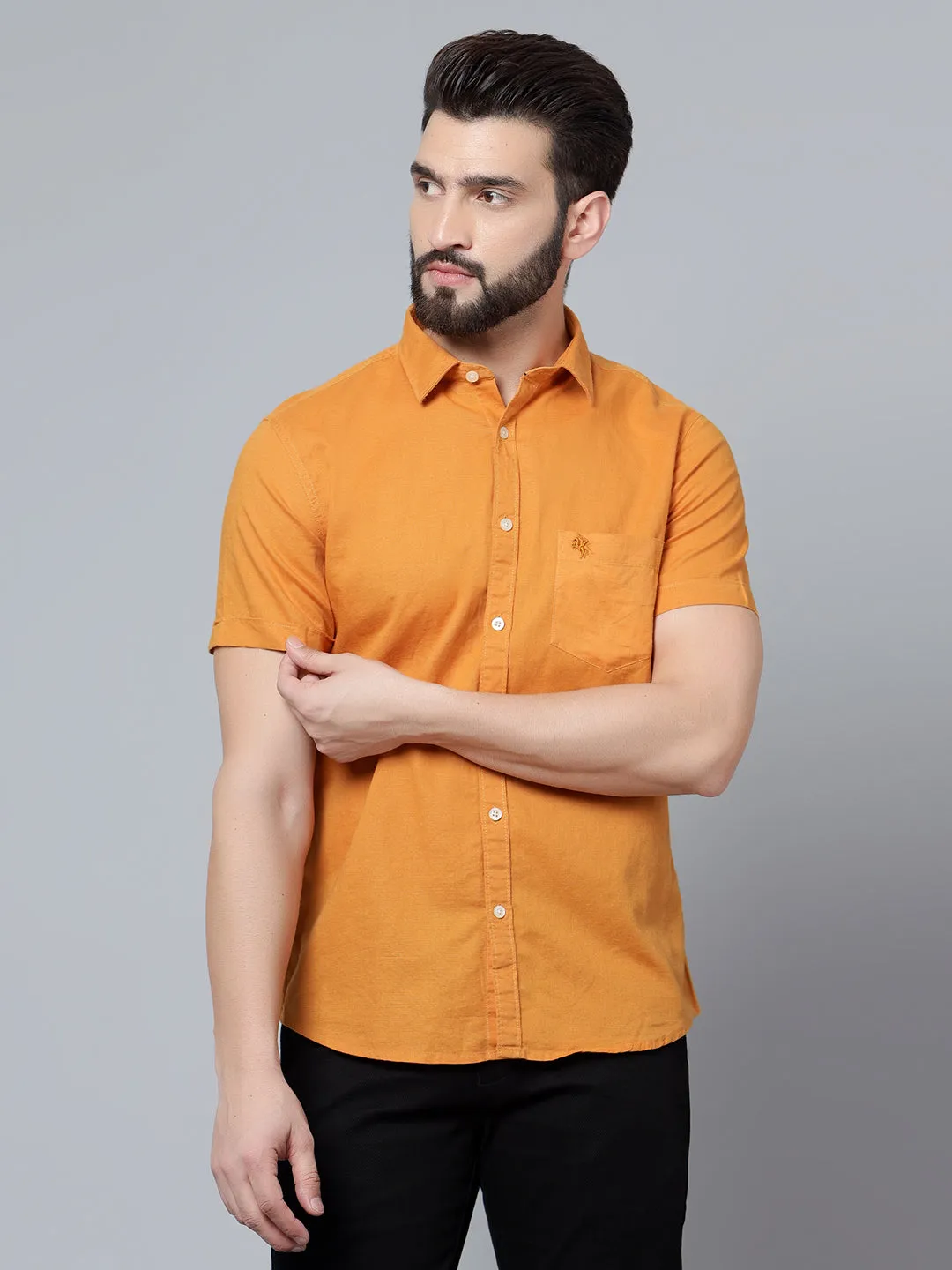 Cantabil Cotton Blend Solid Mustard Half Sleeve Casual Shirt for Men with Pocket