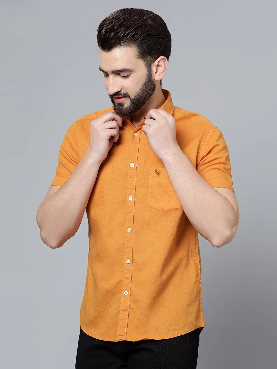 Cantabil Cotton Blend Solid Mustard Half Sleeve Casual Shirt for Men with Pocket