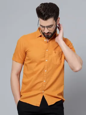 Cantabil Cotton Blend Solid Mustard Half Sleeve Casual Shirt for Men with Pocket