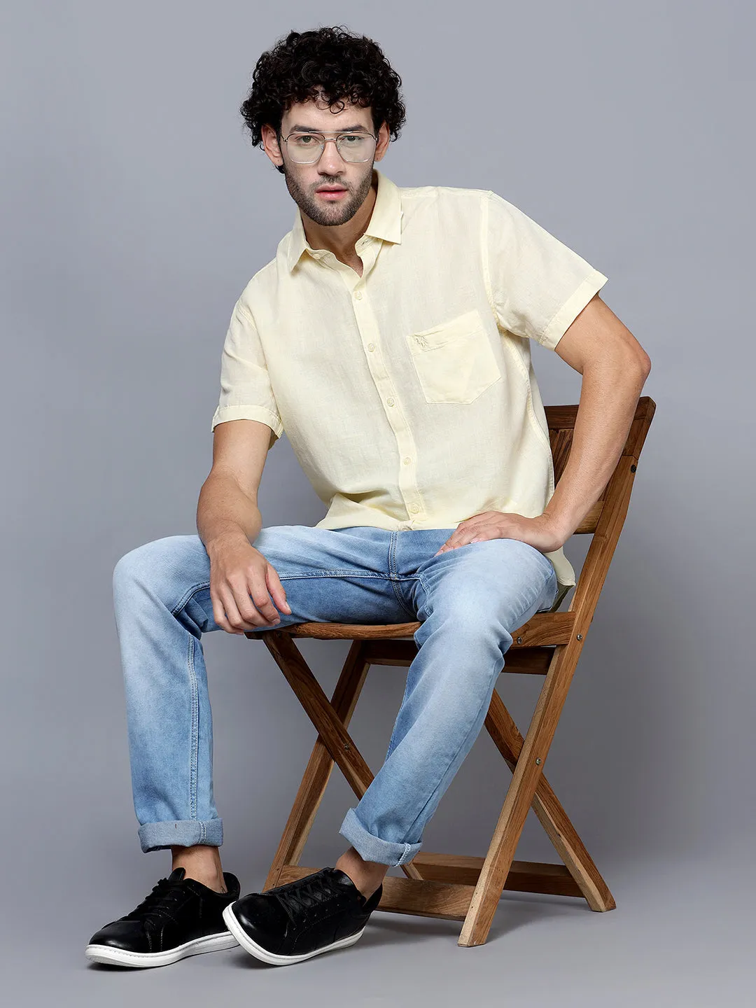 Cantabil Cotton Blend Yellow Solid Half Sleeve Casual Shirt for Men with Pocket