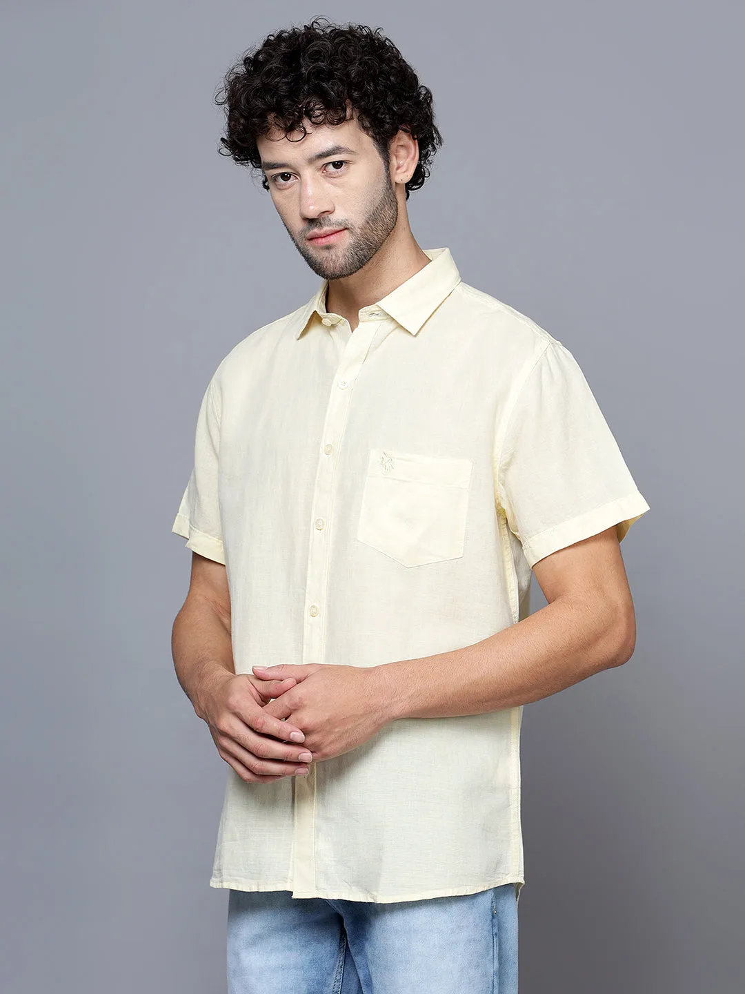 Cantabil Cotton Blend Yellow Solid Half Sleeve Casual Shirt for Men with Pocket