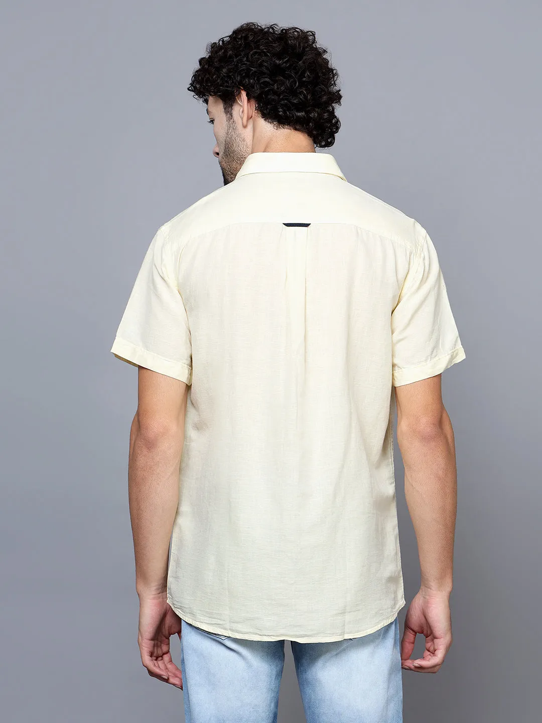 Cantabil Cotton Blend Yellow Solid Half Sleeve Casual Shirt for Men with Pocket