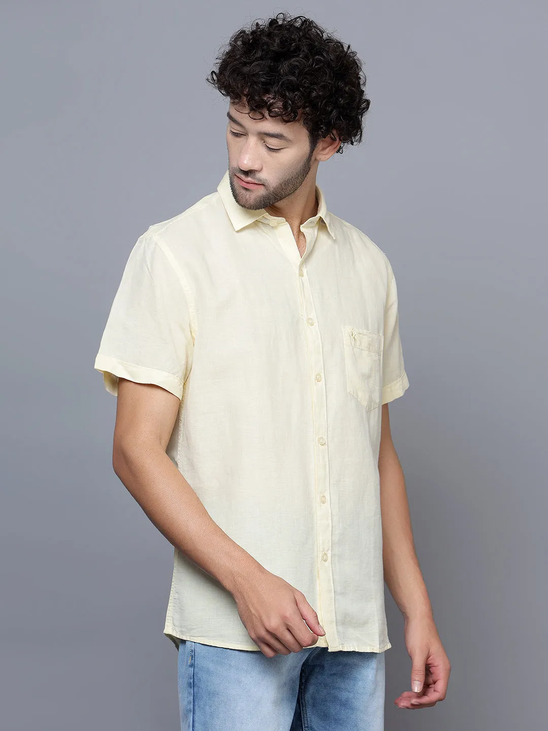 Cantabil Cotton Blend Yellow Solid Half Sleeve Casual Shirt for Men with Pocket