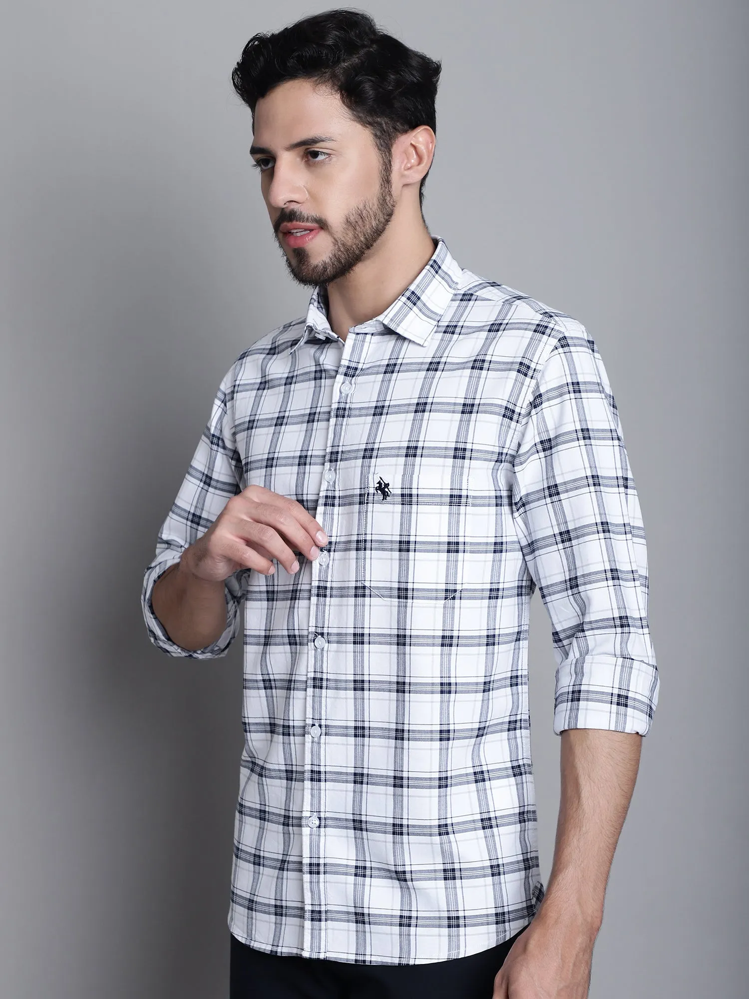 Cantabil Cotton Blue Checkered Full Sleeve Regular Fit Casual Shirt for Men with Pocket