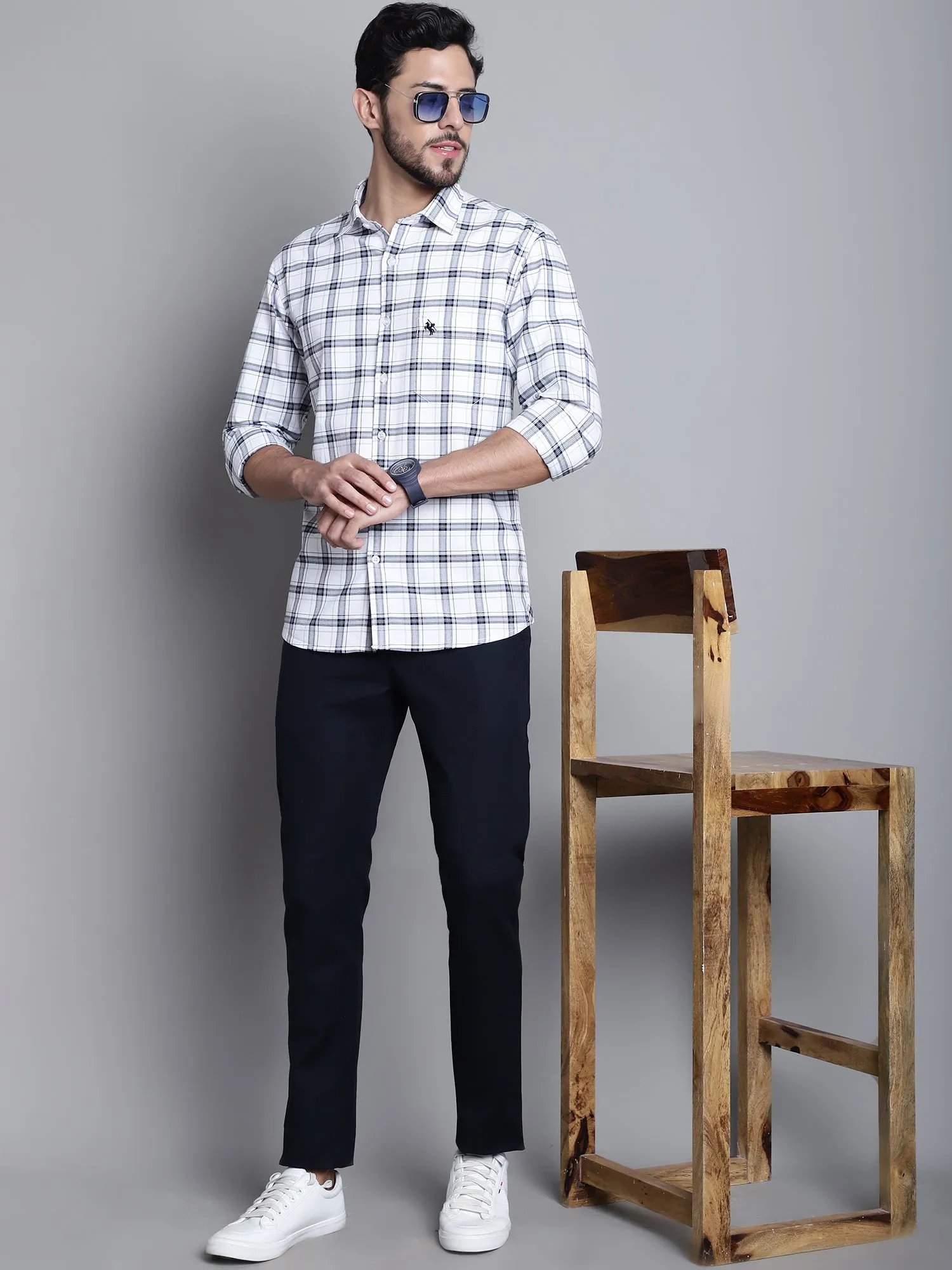 Cantabil Cotton Blue Checkered Full Sleeve Regular Fit Casual Shirt for Men with Pocket