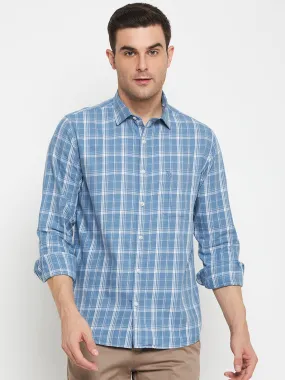 Cantabil Cotton Blue Checkered Full Sleeve Regular Fit Casual Shirt for Men with Pocket