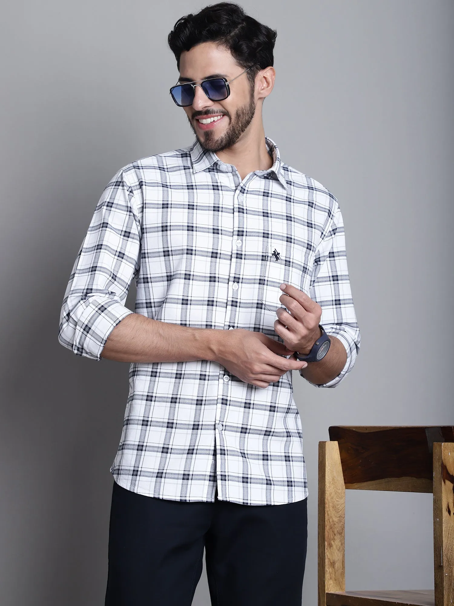 Cantabil Cotton Blue Checkered Full Sleeve Regular Fit Casual Shirt for Men with Pocket