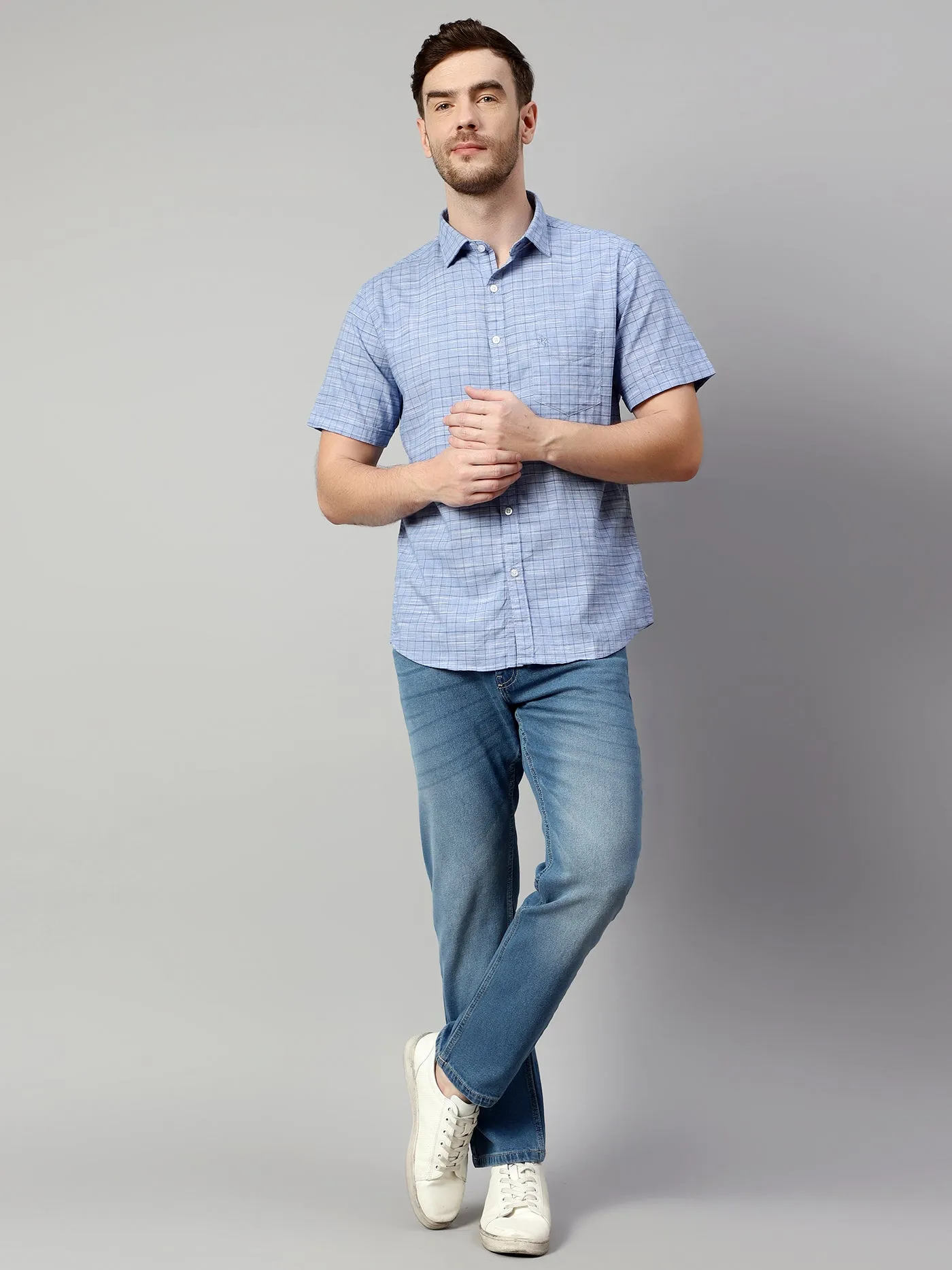 Cantabil Cotton Checkered Blue Half Sleeve Regular Fit Casual Shirt for Men with Pocket