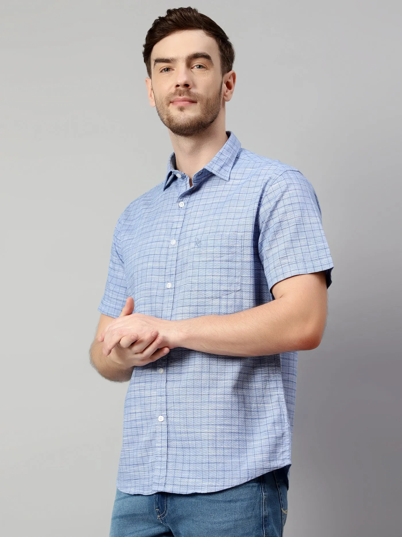 Cantabil Cotton Checkered Blue Half Sleeve Regular Fit Casual Shirt for Men with Pocket