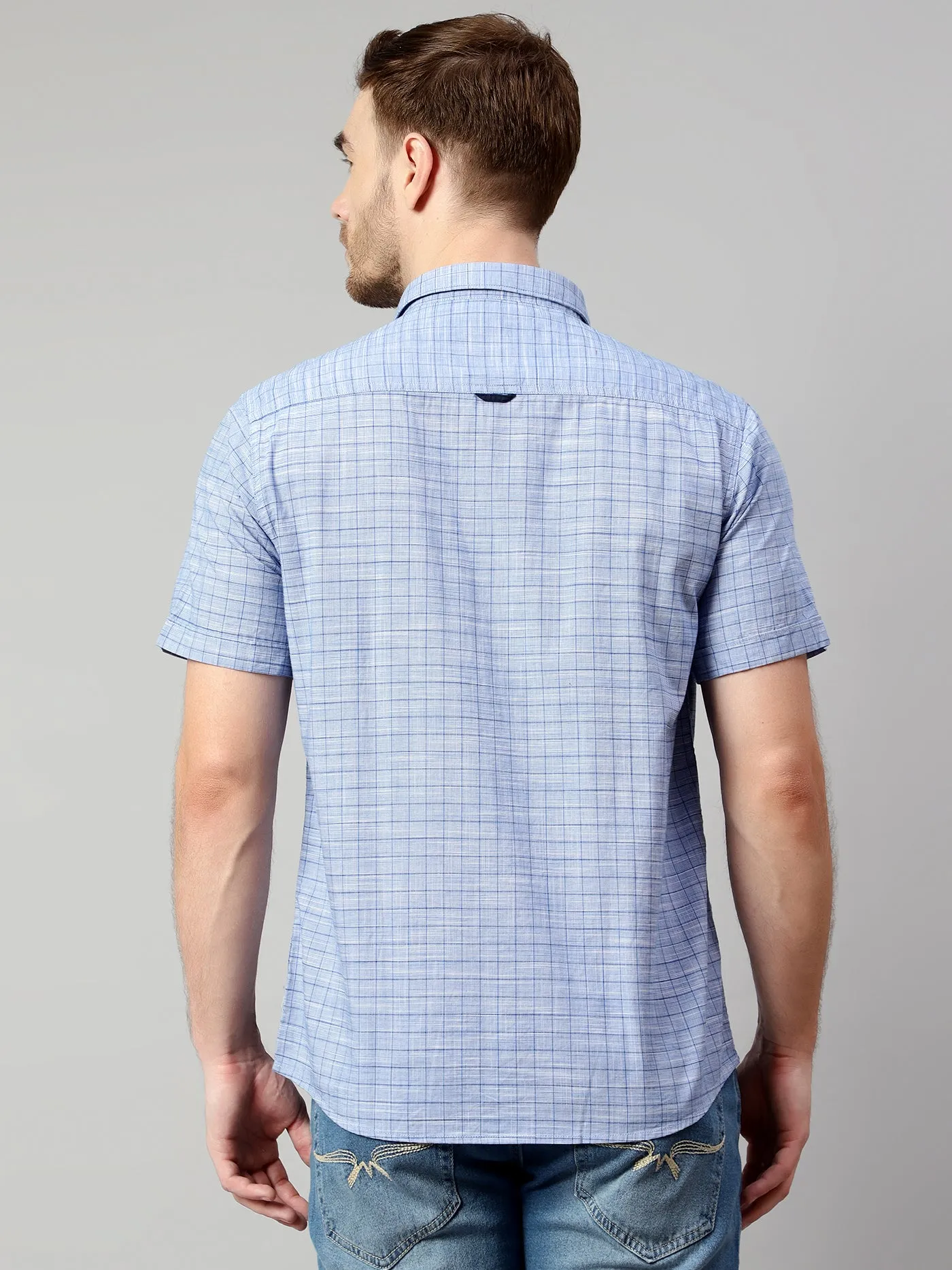 Cantabil Cotton Checkered Blue Half Sleeve Regular Fit Casual Shirt for Men with Pocket