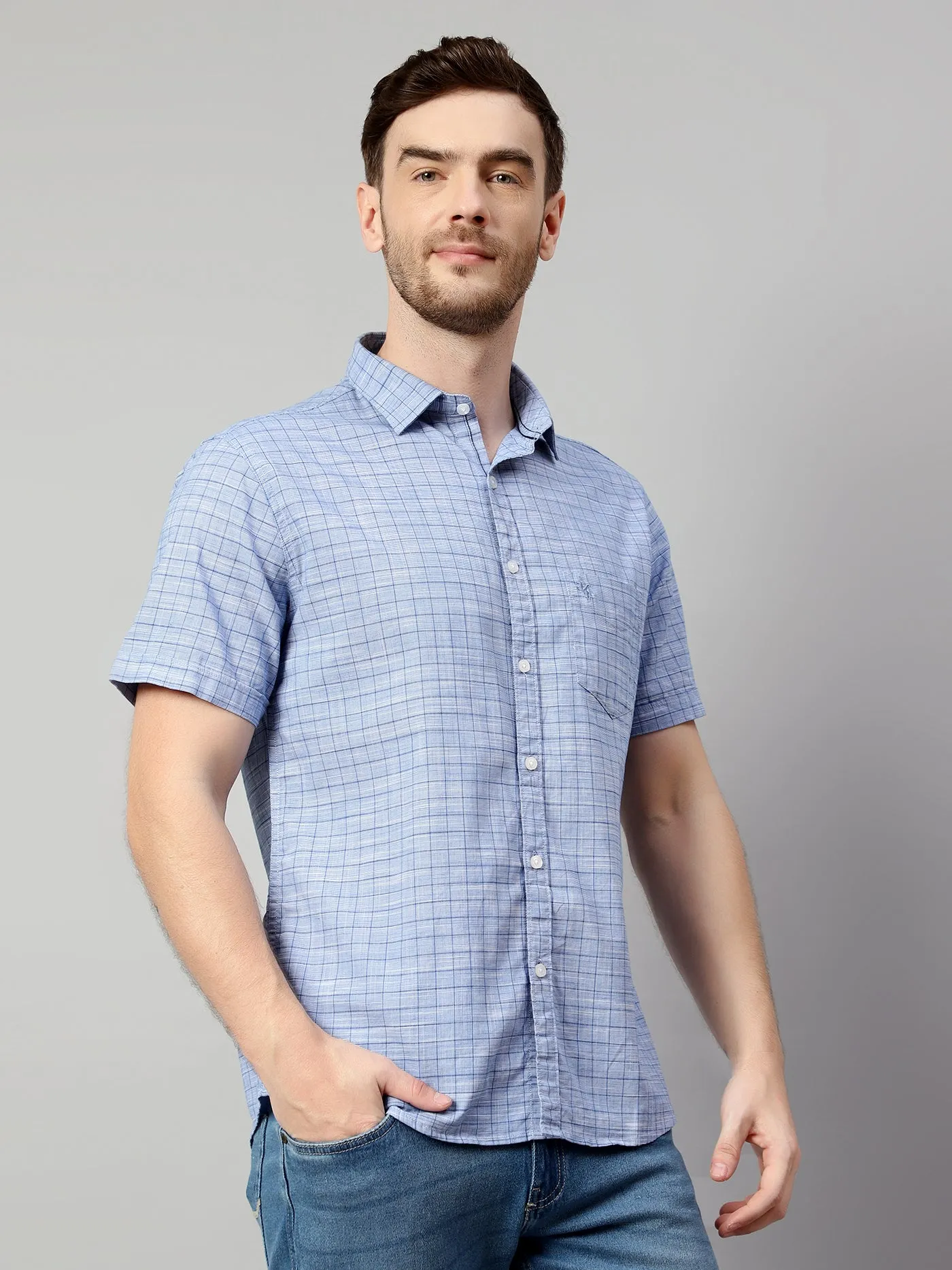 Cantabil Cotton Checkered Blue Half Sleeve Regular Fit Casual Shirt for Men with Pocket