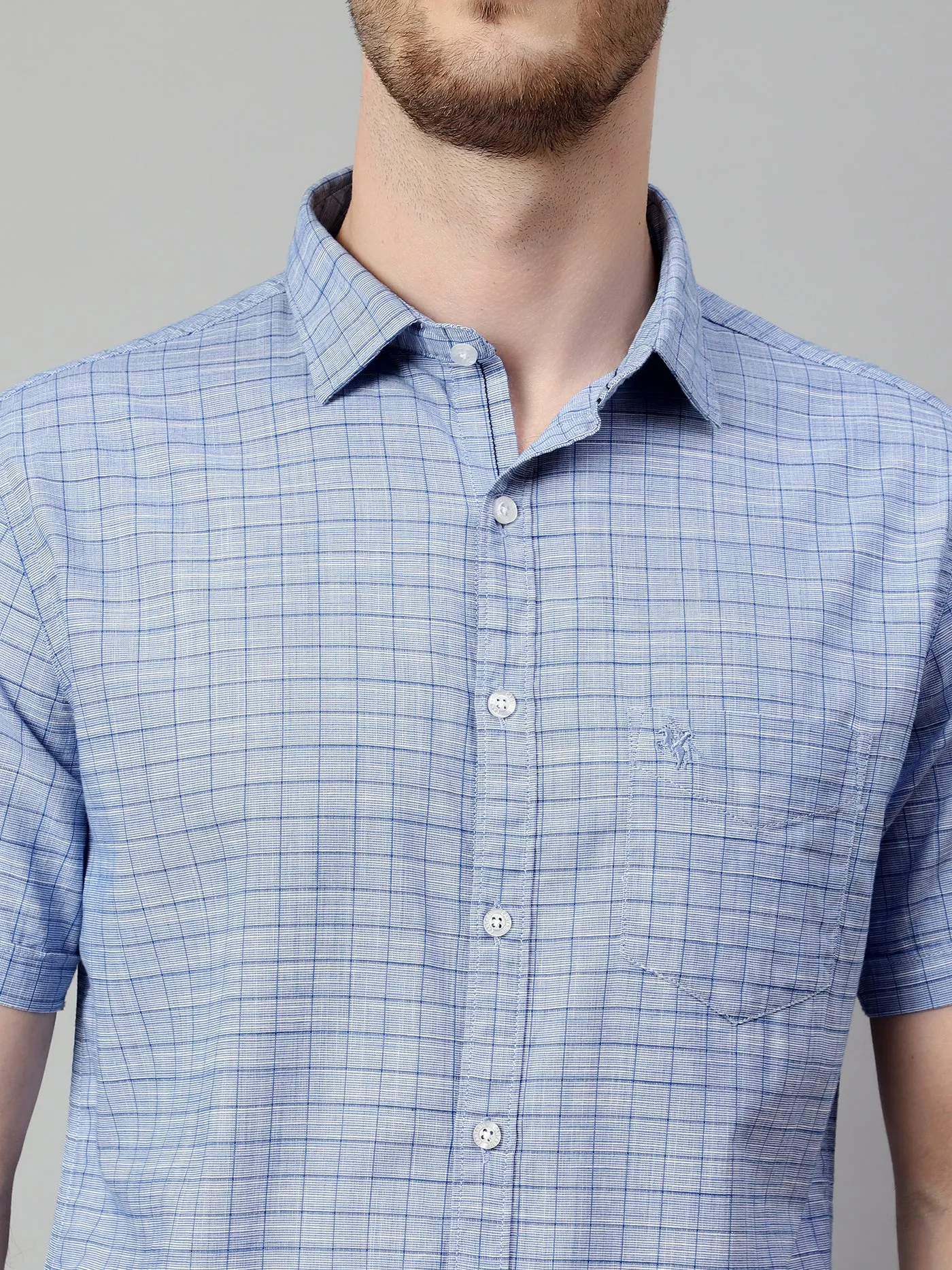Cantabil Cotton Checkered Blue Half Sleeve Regular Fit Casual Shirt for Men with Pocket