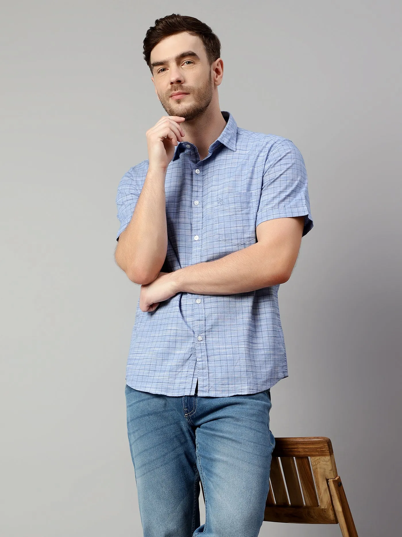 Cantabil Cotton Checkered Blue Half Sleeve Regular Fit Casual Shirt for Men with Pocket