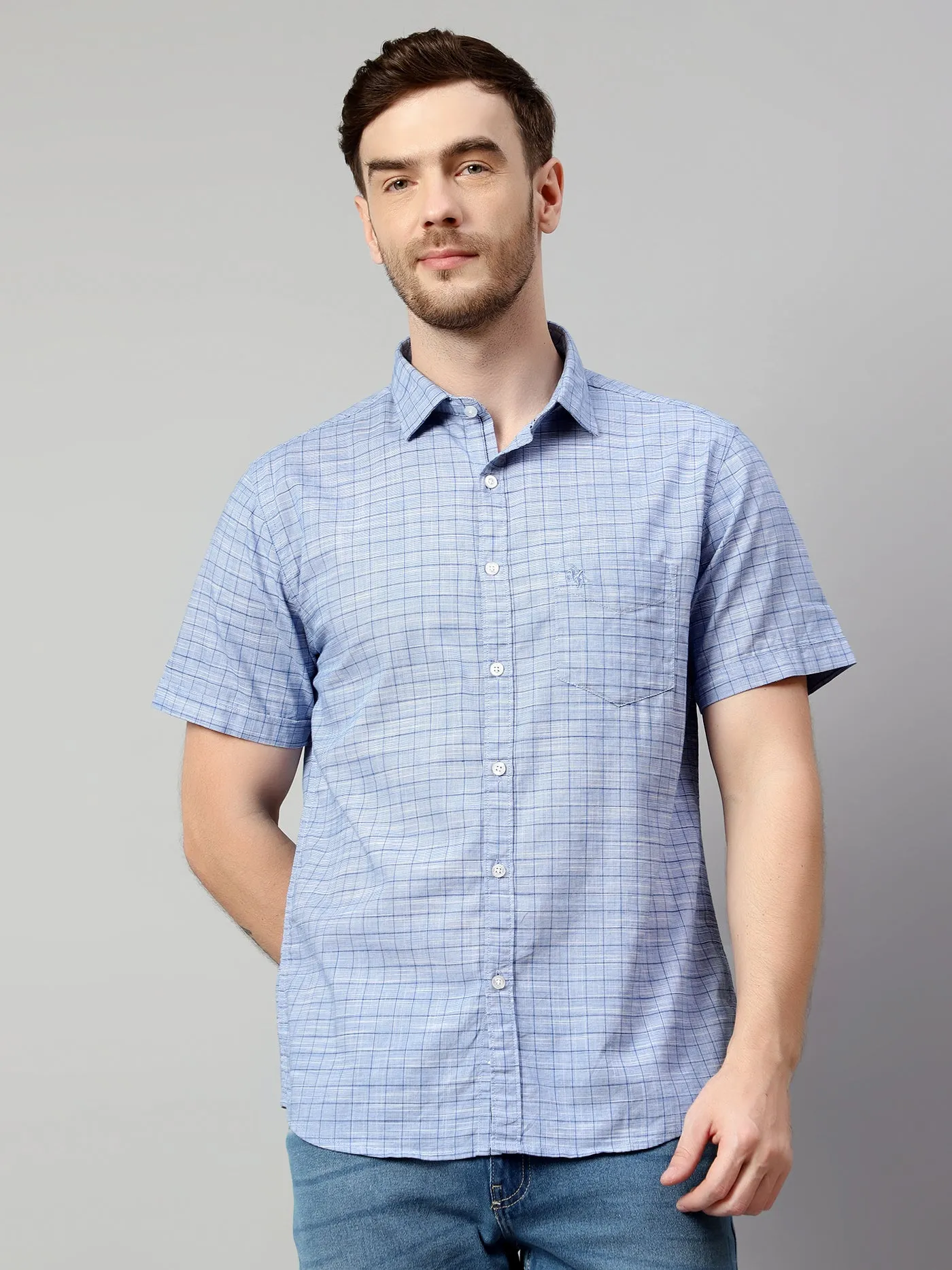 Cantabil Cotton Checkered Blue Half Sleeve Regular Fit Casual Shirt for Men with Pocket