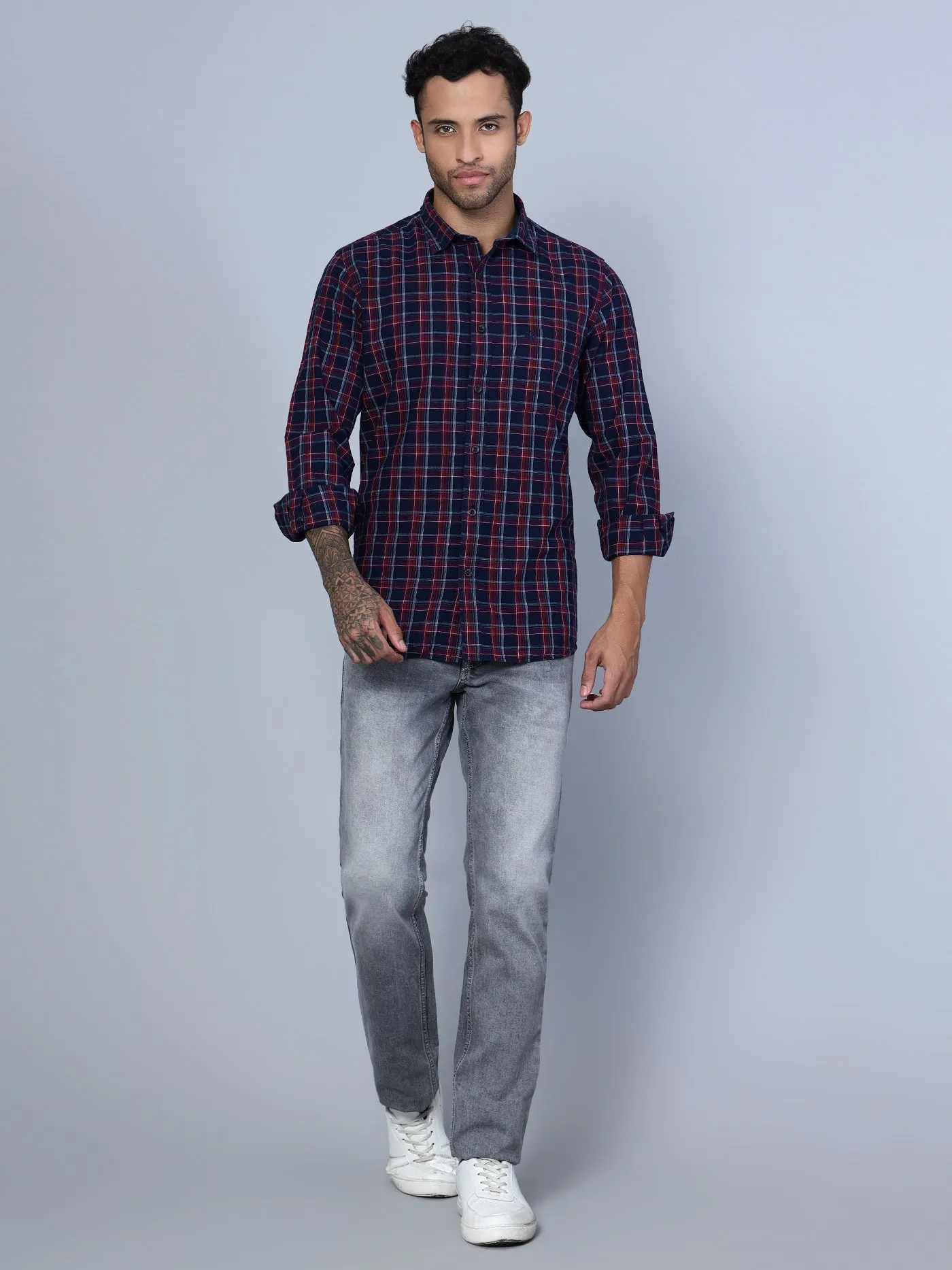 Cantabil Cotton Checkered Maroon Full Sleeve Casual Shirt for Men with Pocket