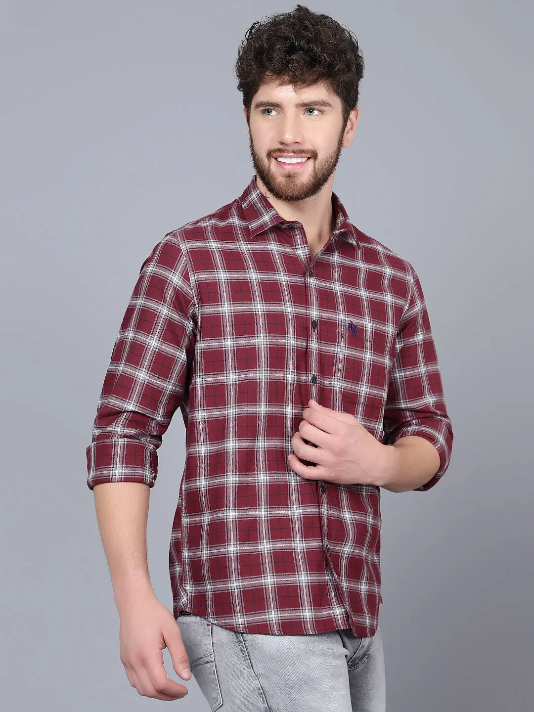 Cantabil Cotton Checkered Maroon Full Sleeve Casual Shirt for Men with Pocket