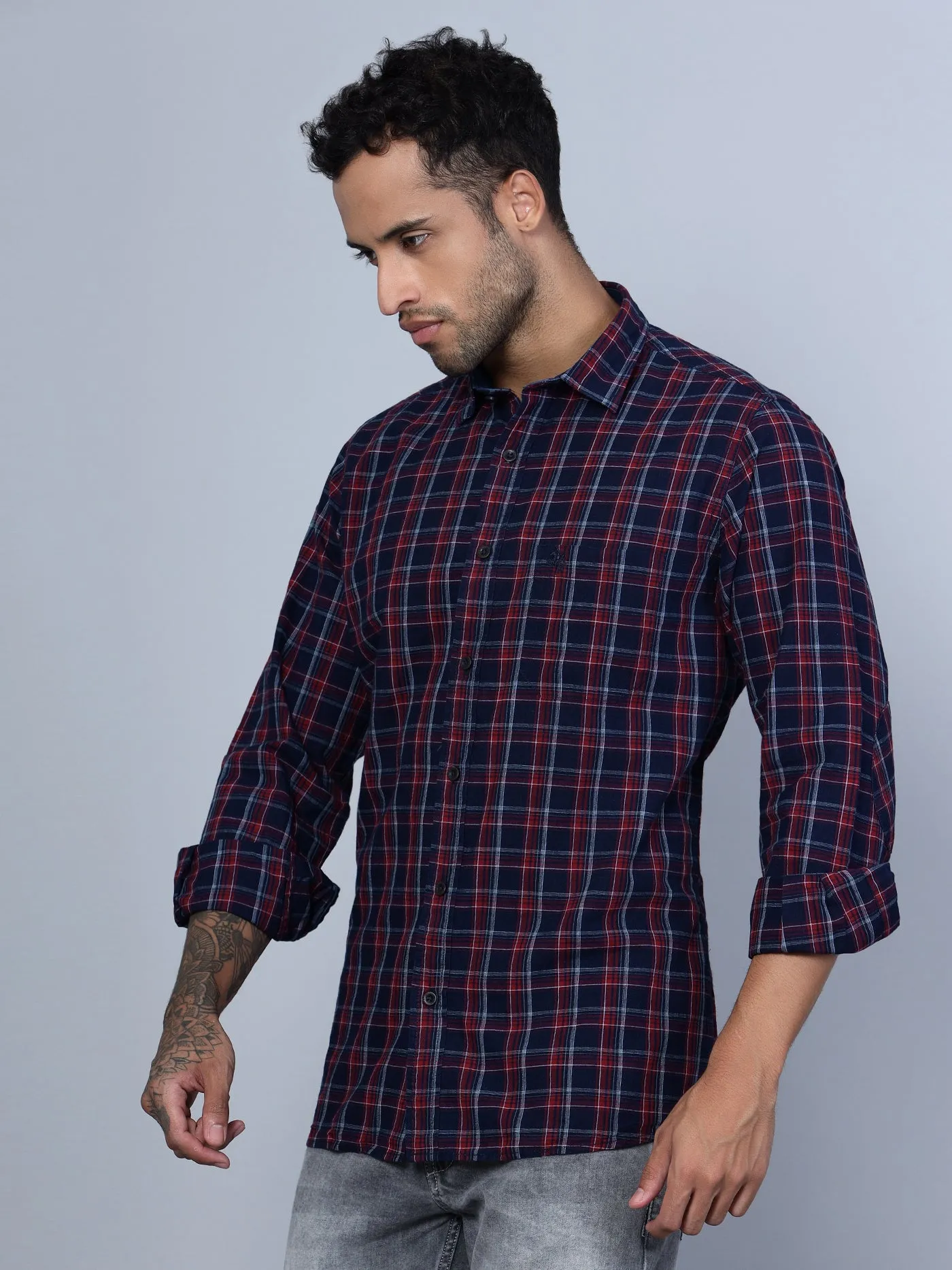 Cantabil Cotton Checkered Maroon Full Sleeve Casual Shirt for Men with Pocket