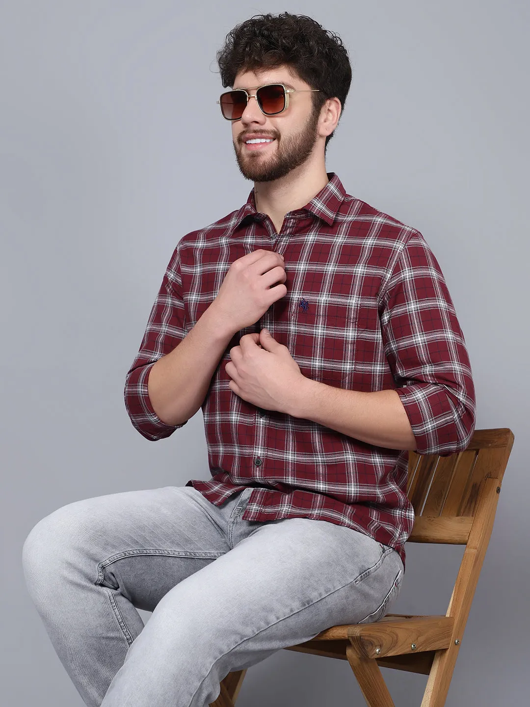 Cantabil Cotton Checkered Maroon Full Sleeve Casual Shirt for Men with Pocket
