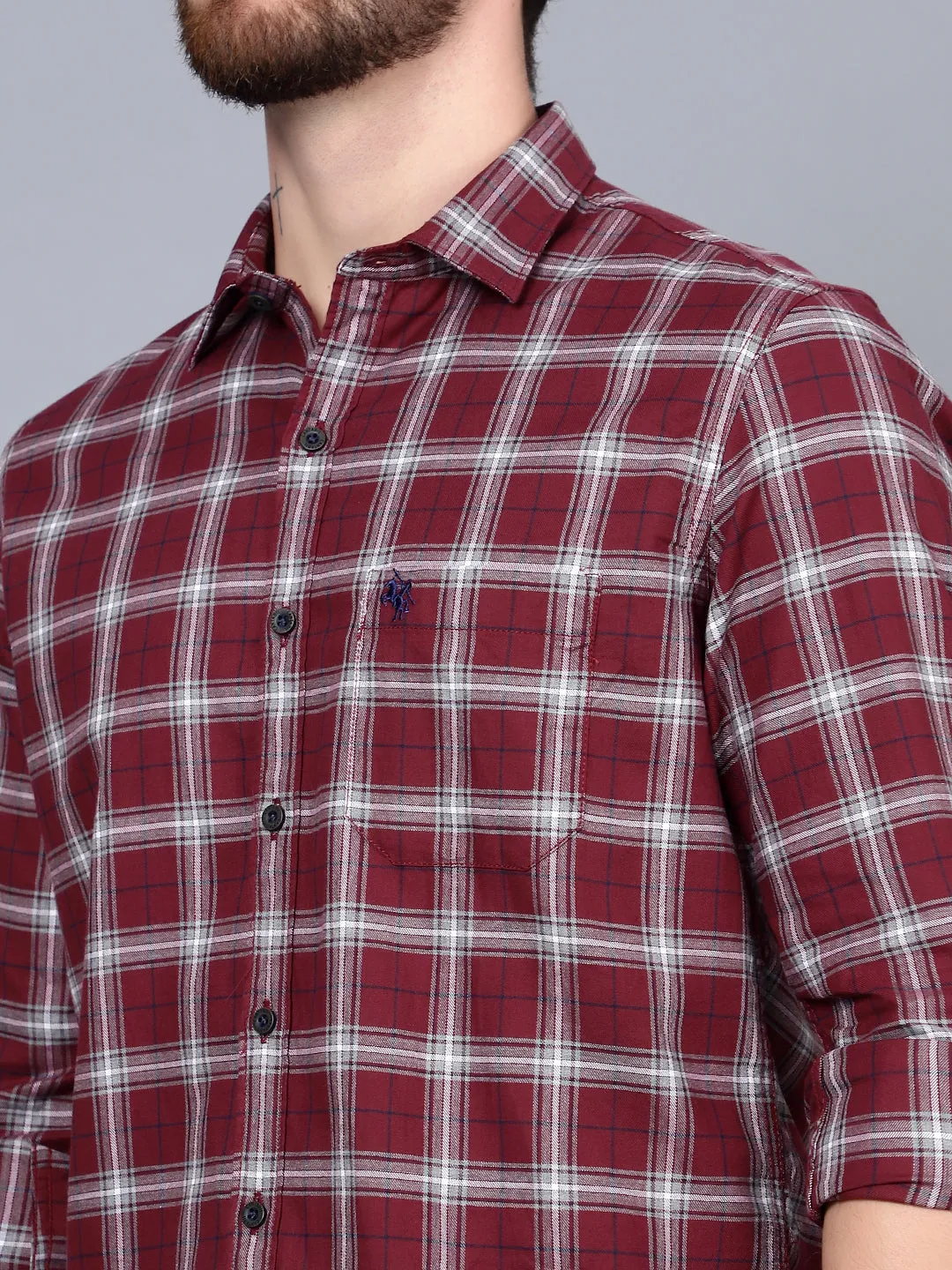 Cantabil Cotton Checkered Maroon Full Sleeve Casual Shirt for Men with Pocket