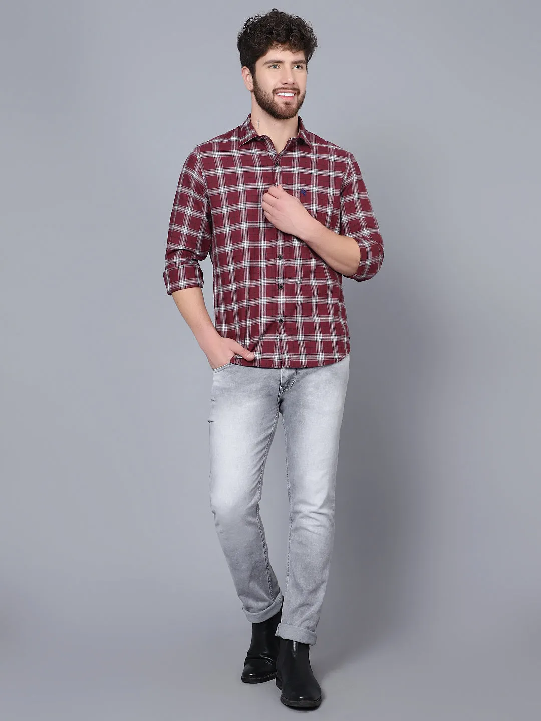 Cantabil Cotton Checkered Maroon Full Sleeve Casual Shirt for Men with Pocket