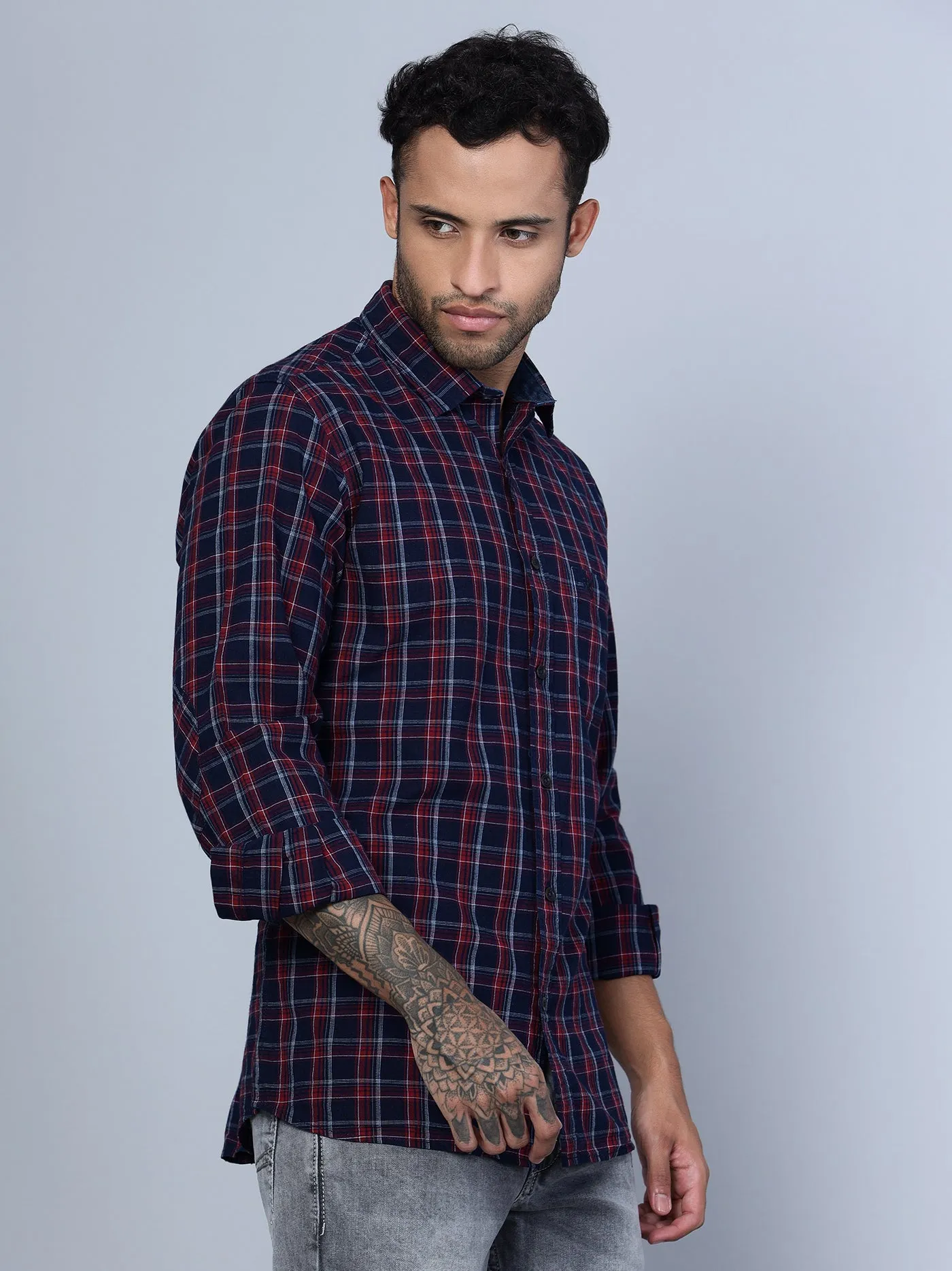 Cantabil Cotton Checkered Maroon Full Sleeve Casual Shirt for Men with Pocket