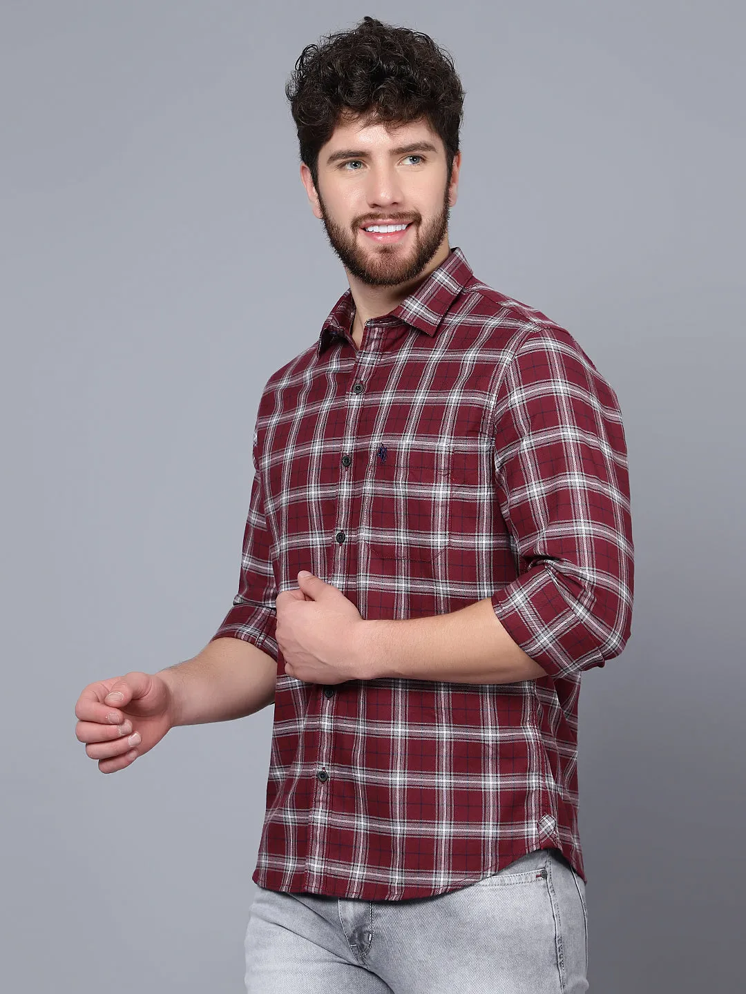 Cantabil Cotton Checkered Maroon Full Sleeve Casual Shirt for Men with Pocket