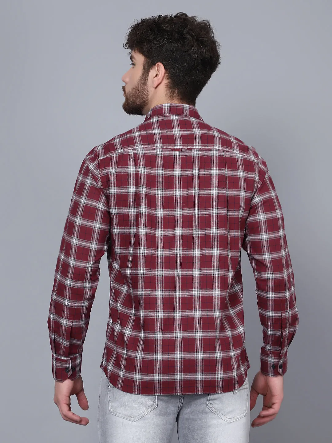 Cantabil Cotton Checkered Maroon Full Sleeve Casual Shirt for Men with Pocket