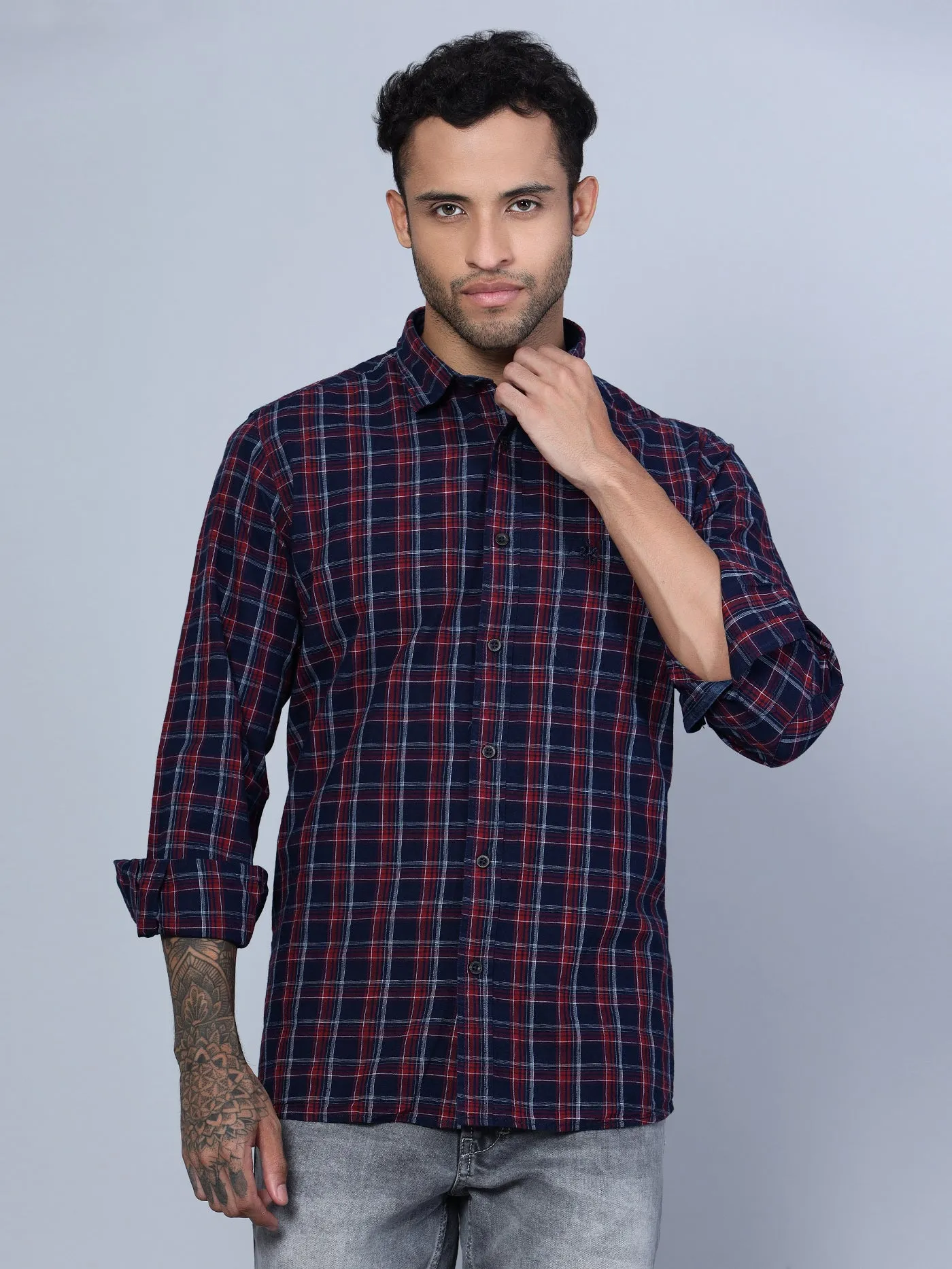 Cantabil Cotton Checkered Maroon Full Sleeve Casual Shirt for Men with Pocket