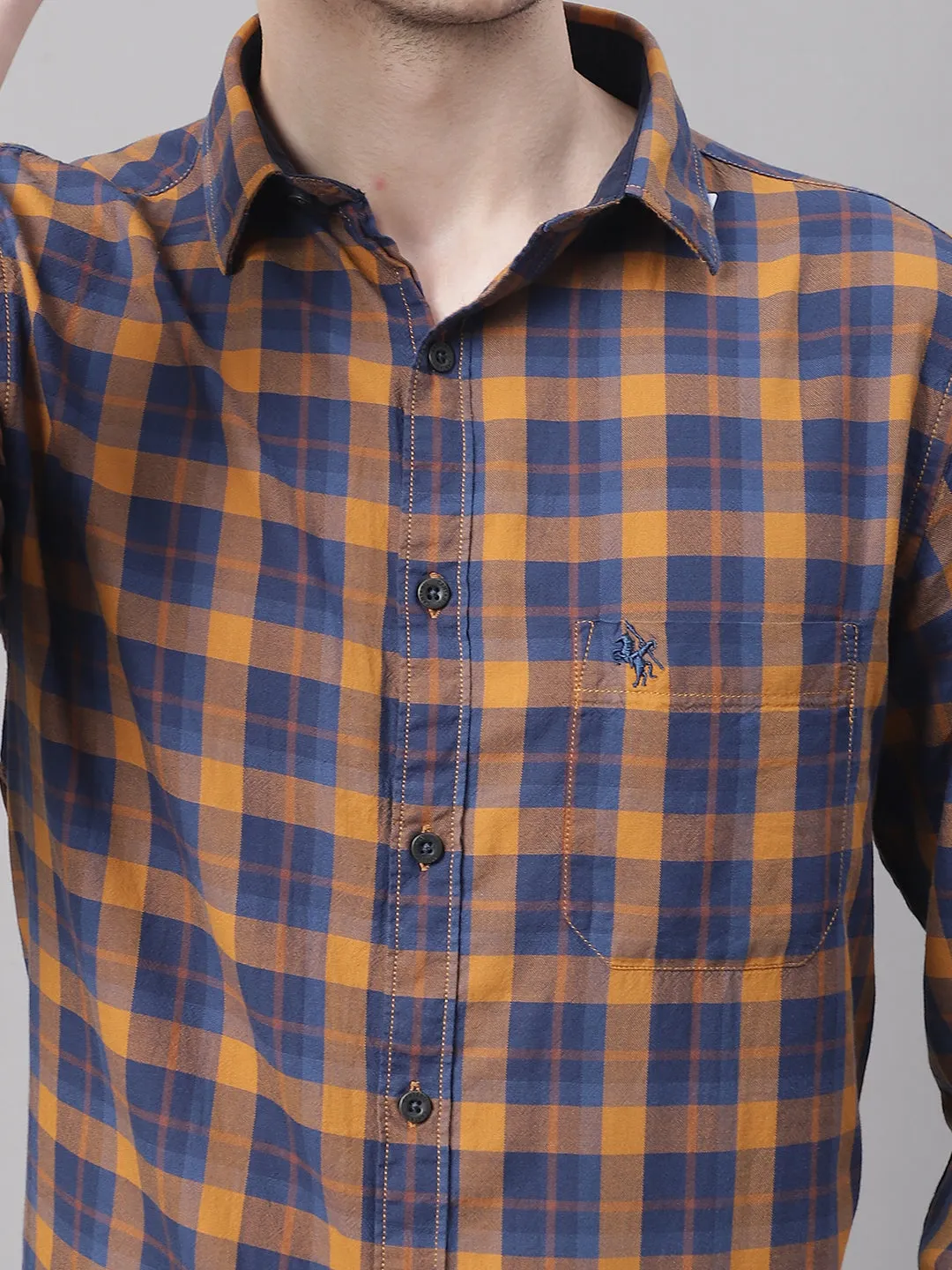 Cantabil Cotton Checkered Mustard Full Sleeve Casual Shirt for Men with Pocket