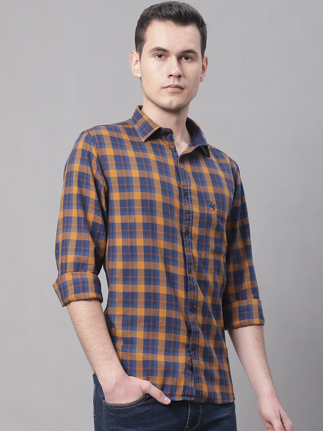 Cantabil Cotton Checkered Mustard Full Sleeve Casual Shirt for Men with Pocket