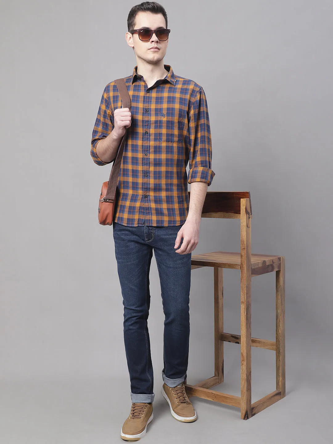 Cantabil Cotton Checkered Mustard Full Sleeve Casual Shirt for Men with Pocket