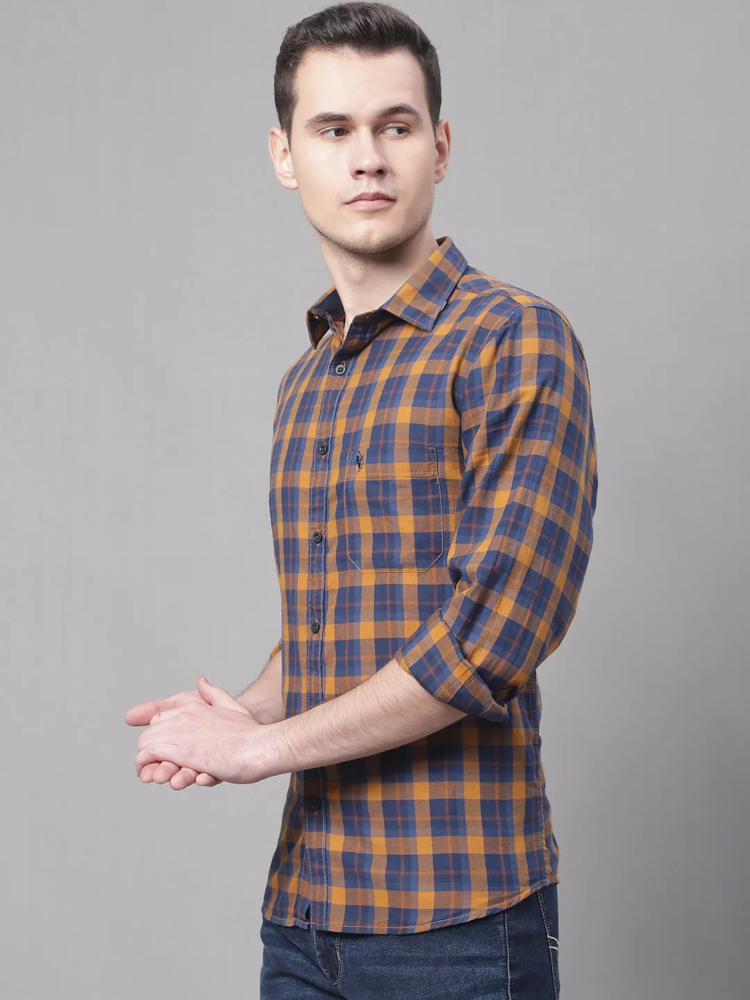 Cantabil Cotton Checkered Mustard Full Sleeve Casual Shirt for Men with Pocket