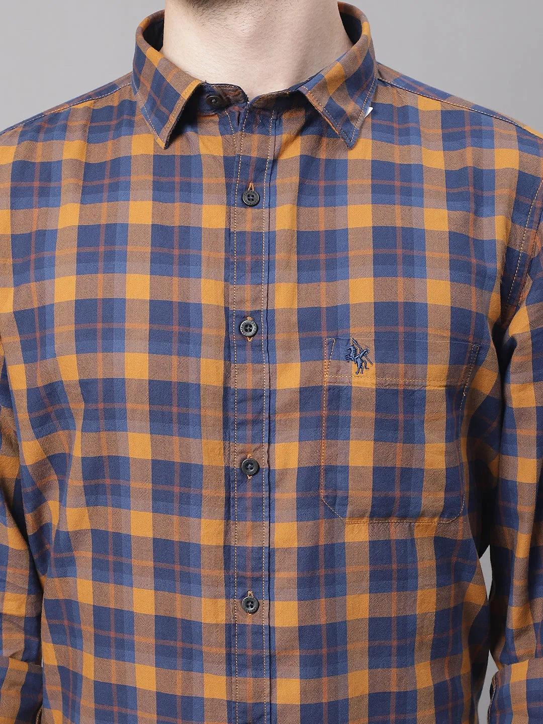 Cantabil Cotton Checkered Mustard Full Sleeve Casual Shirt for Men with Pocket