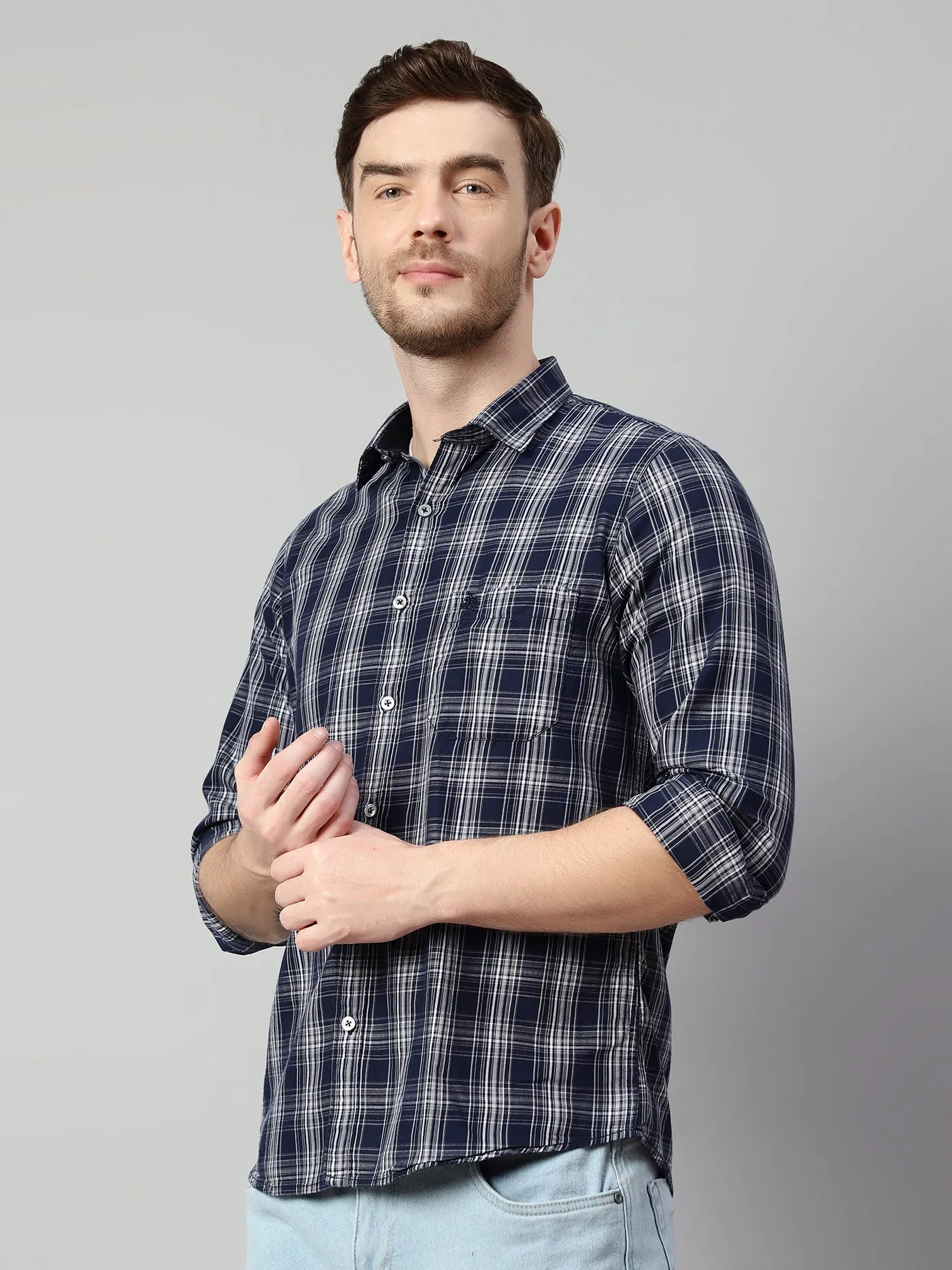 Cantabil Cotton Checkered Navy Blue Full Sleeve Casual Shirt for Men with Pocket