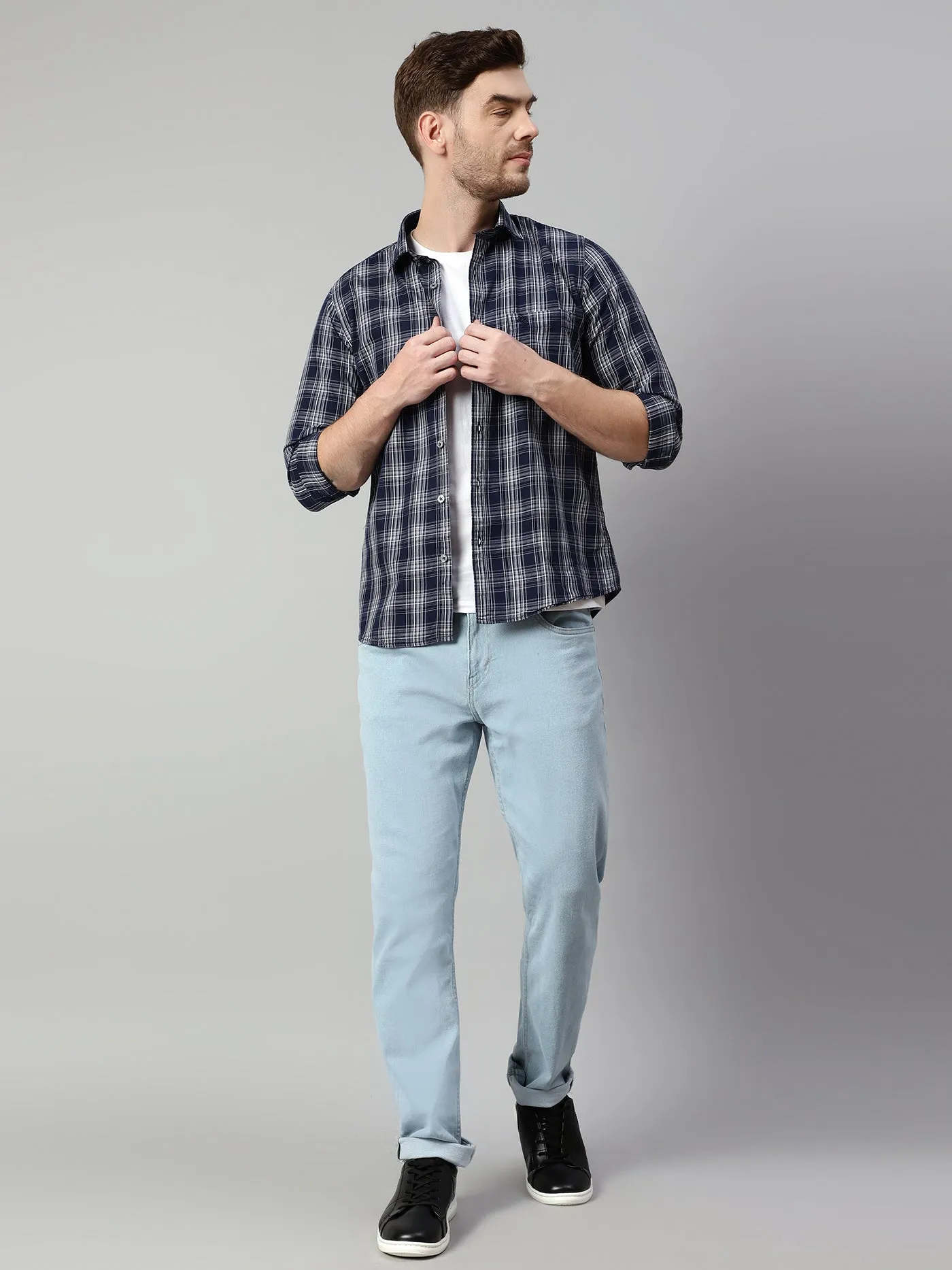 Cantabil Cotton Checkered Navy Blue Full Sleeve Casual Shirt for Men with Pocket
